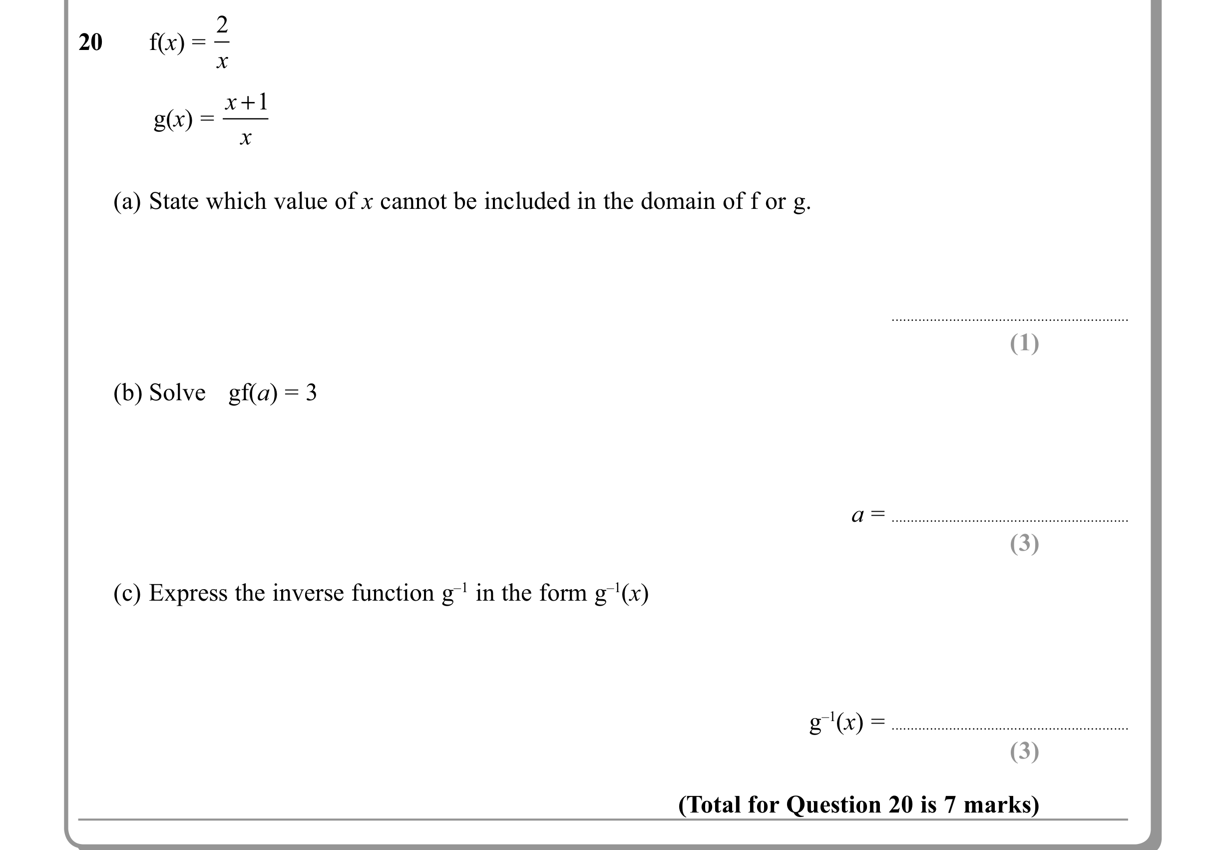 Question 20 — Functions — Edexcel iGCSE June 2011