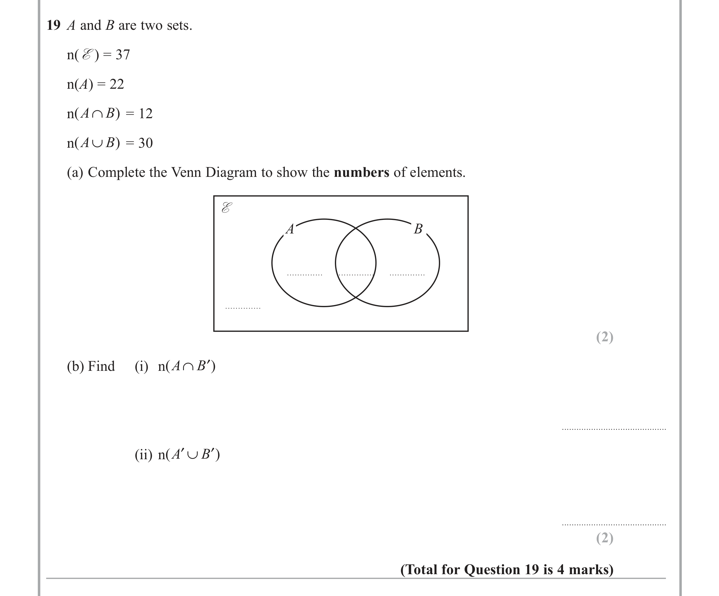 Question 19 — Venn Diagram — Edexcel iGCSE Jan 2012