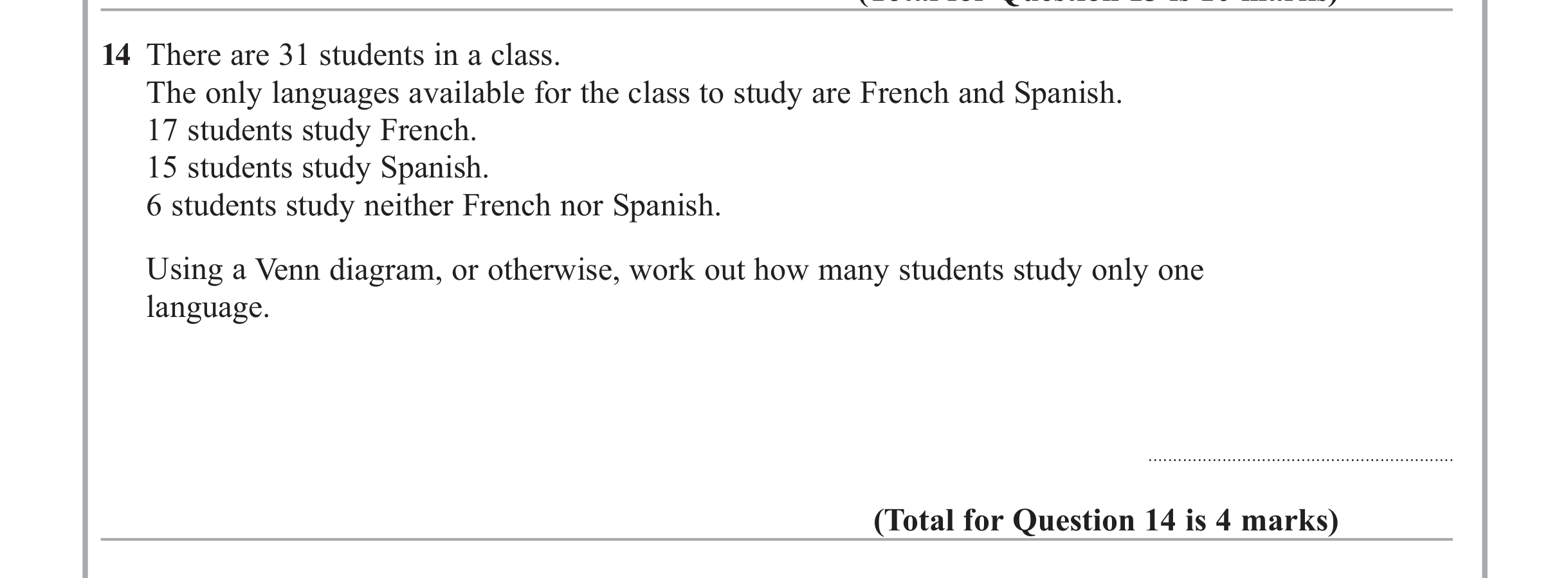 Question 14 — Venn Diagram — Edexcel iGCSE June 2012