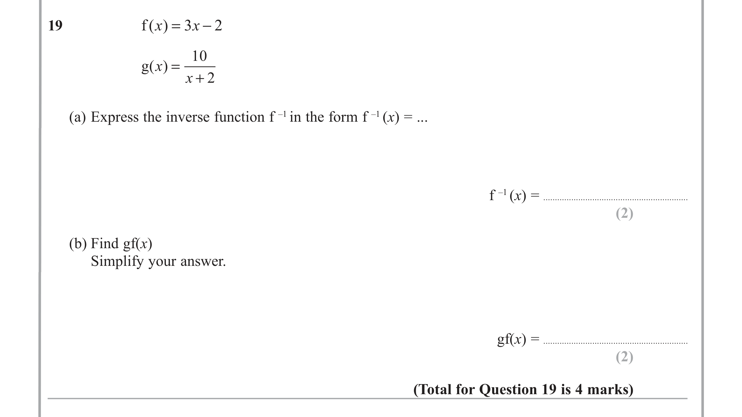 Question 19 — Functions — Edexcel iGCSE June 2012