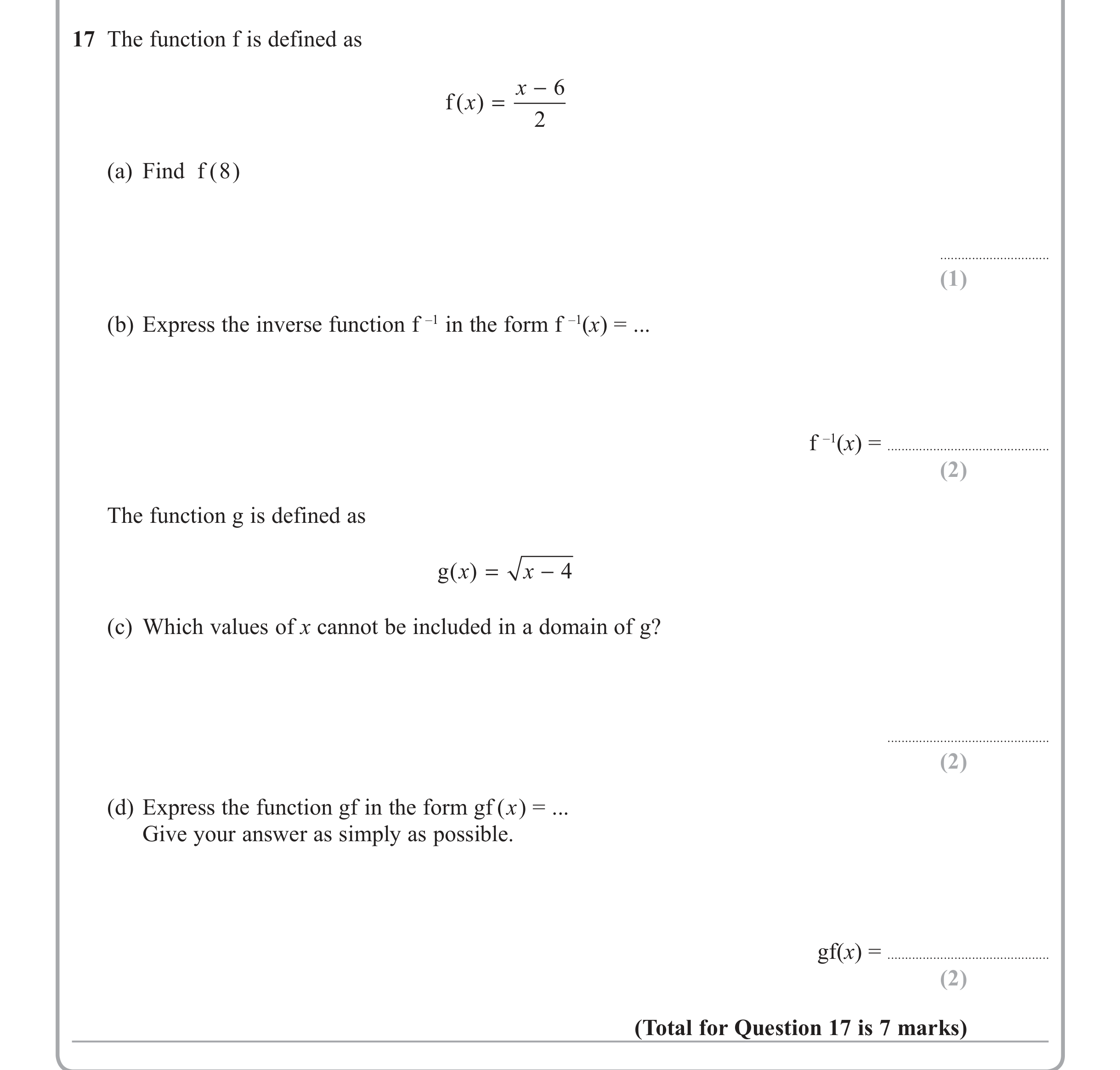 Question 17 — Functions — Edexcel iGCSE June 2013