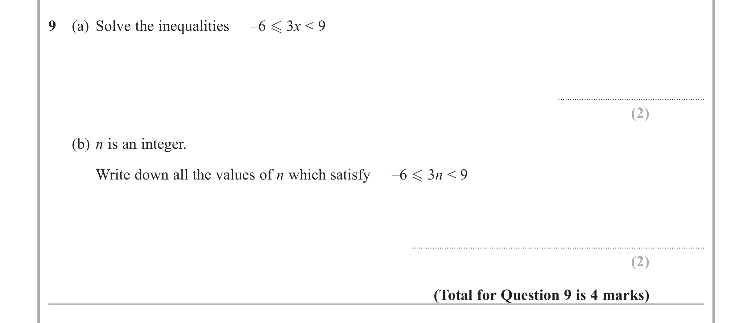 Question 9 — Inequalities — Edexcel iGCSE June 2013