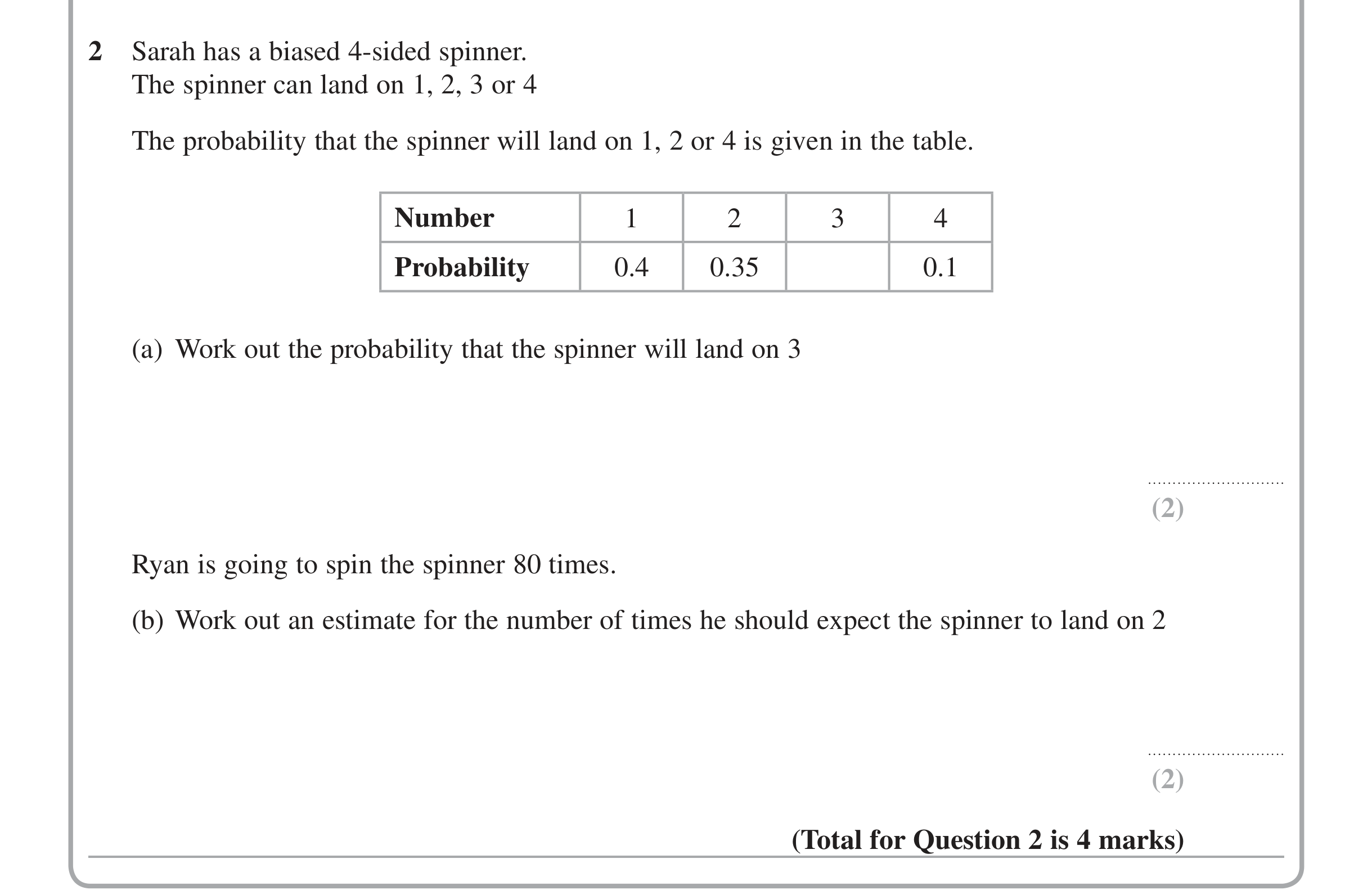 Question 2 — Probability — Edexcel iGCSE June 2014