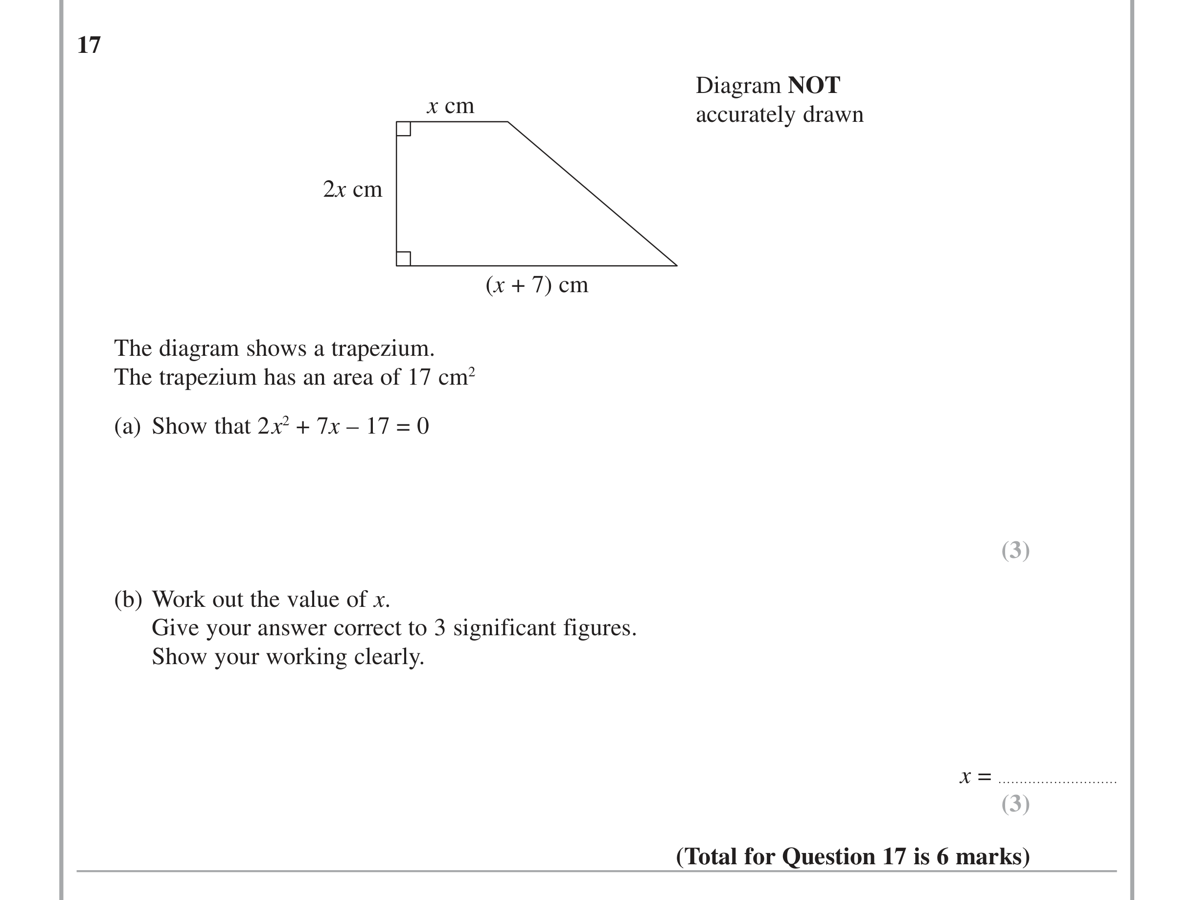 Question 17 — Perimeter and Area, Quadratic Equations — Edexcel iGCSE Jan 2015