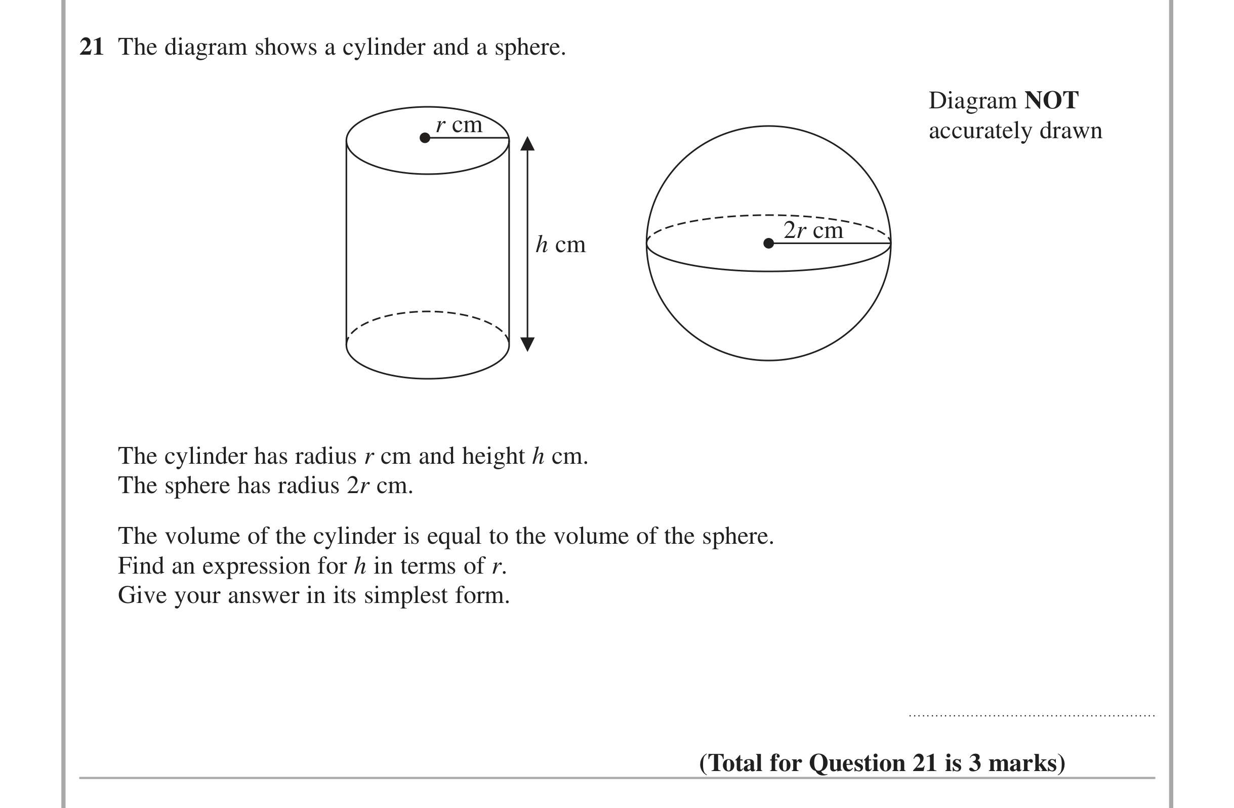Question 21 — 3D Shapes and Volume — Edexcel iGCSE Jan 2015