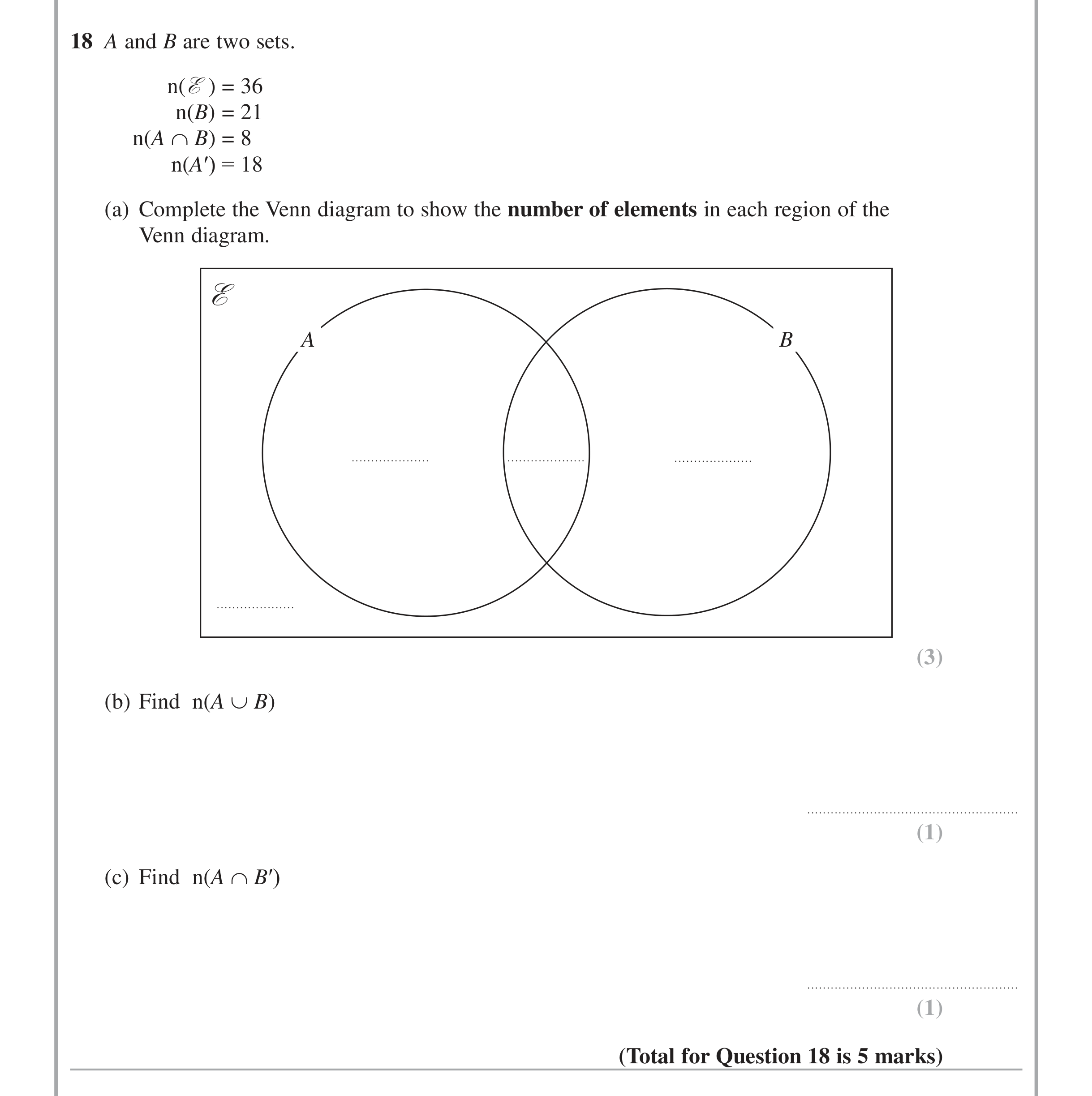 Question 18 — Venn Diagram — Edexcel iGCSE June 2015