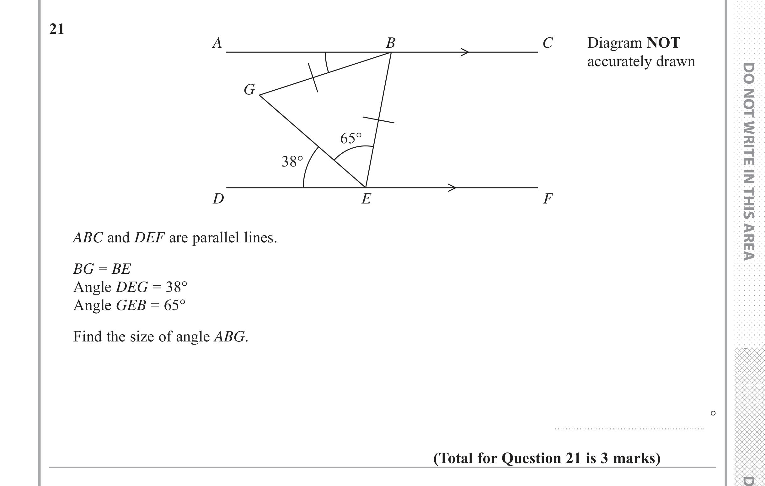 Question 21 — Angles in Parallel Lines — Edexcel iGCSE June 2018