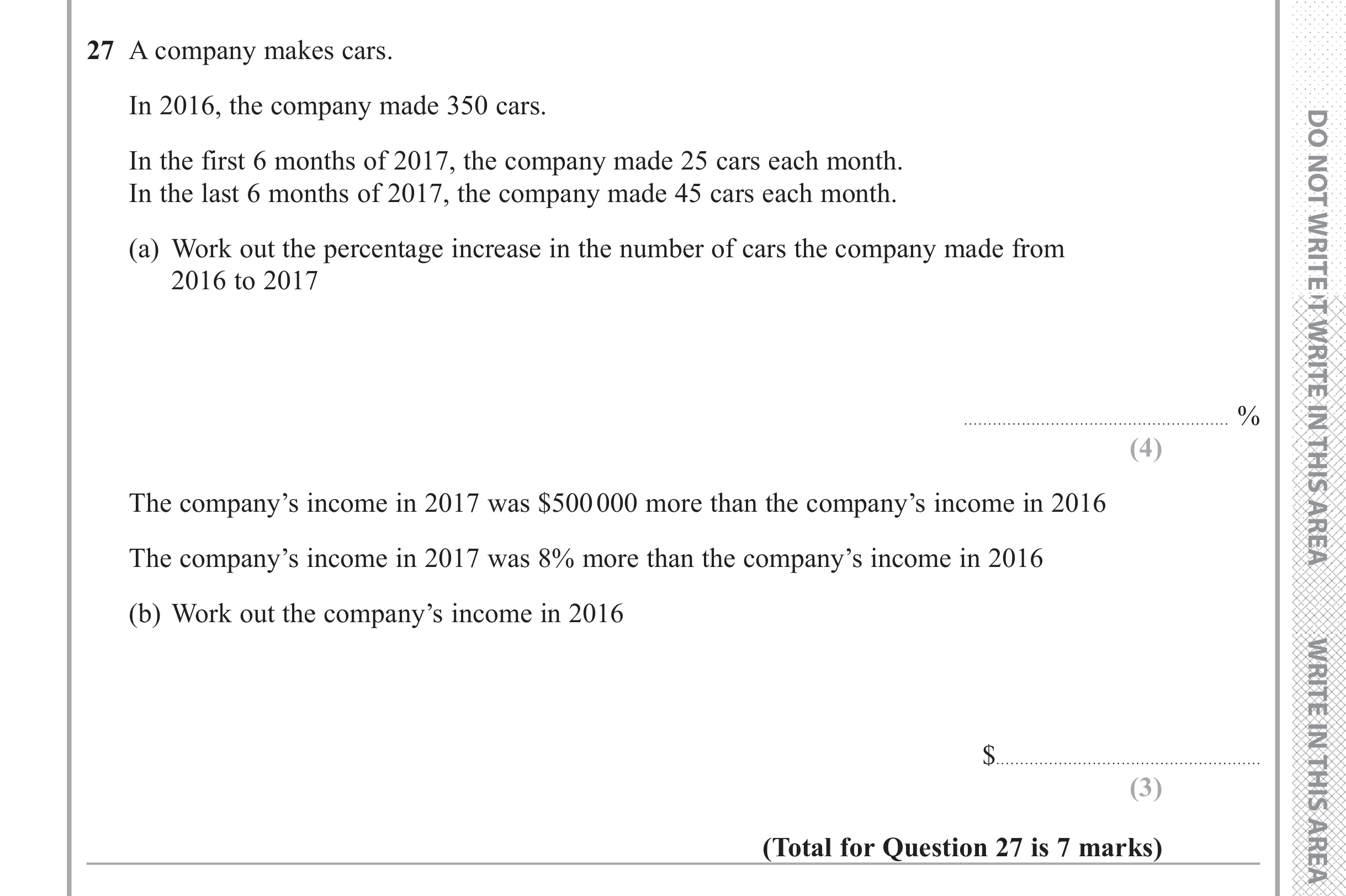 Question 27 — Percentages — Edexcel iGCSE June 2018