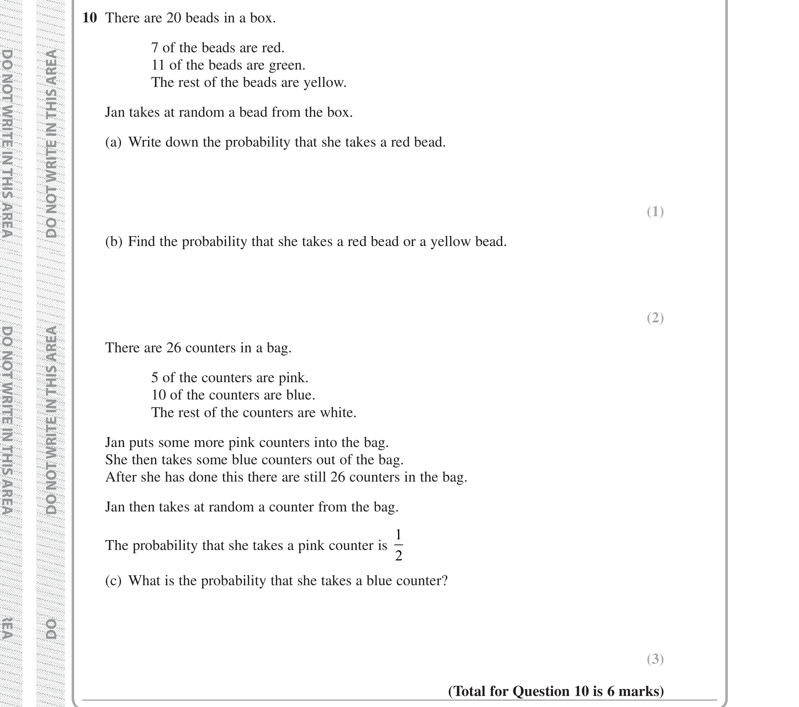 Question 10 — Probability — Edexcel iGCSE Jan 2019