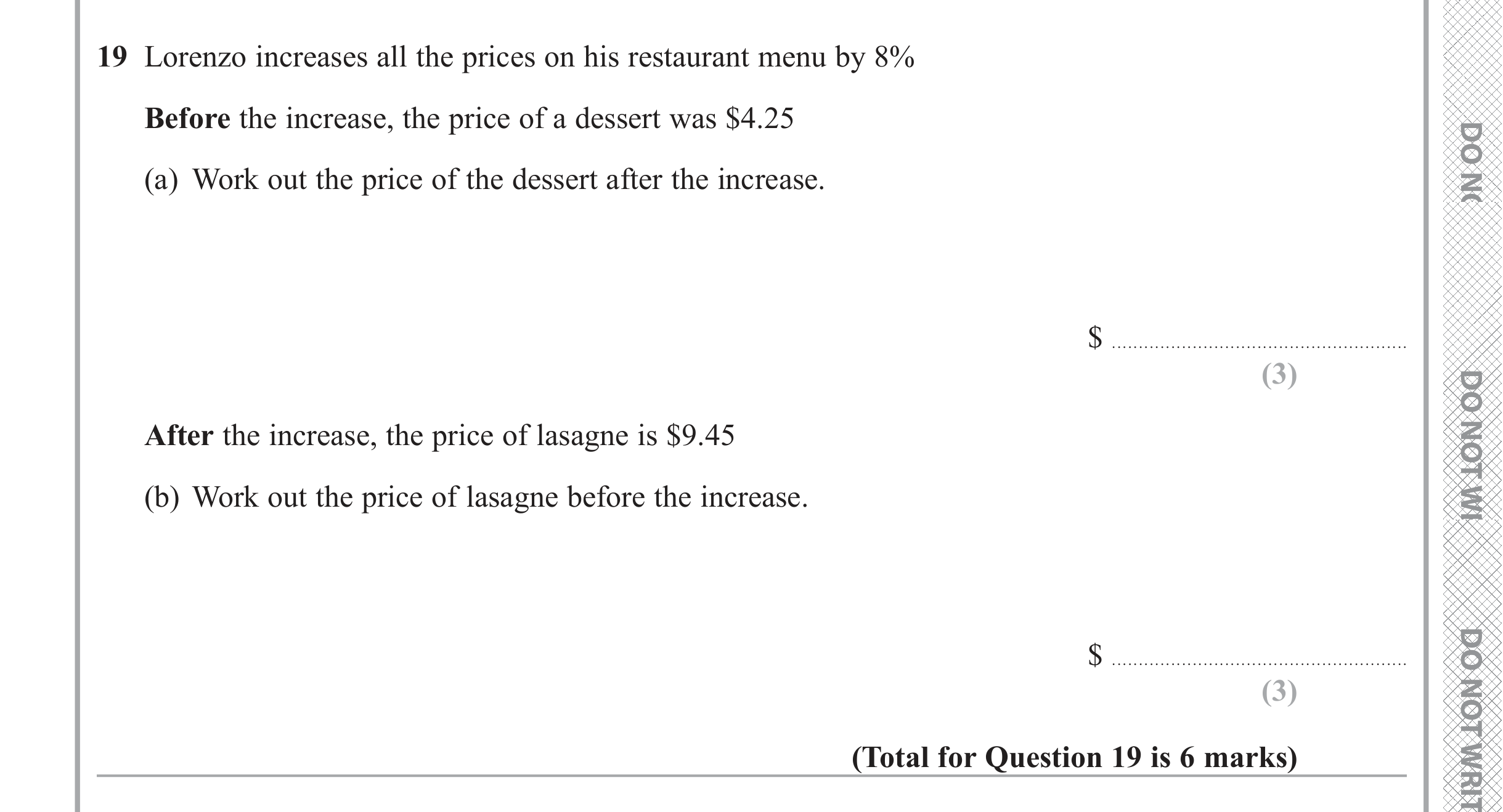 Question 19 — Percentages — Edexcel iGCSE June 2019