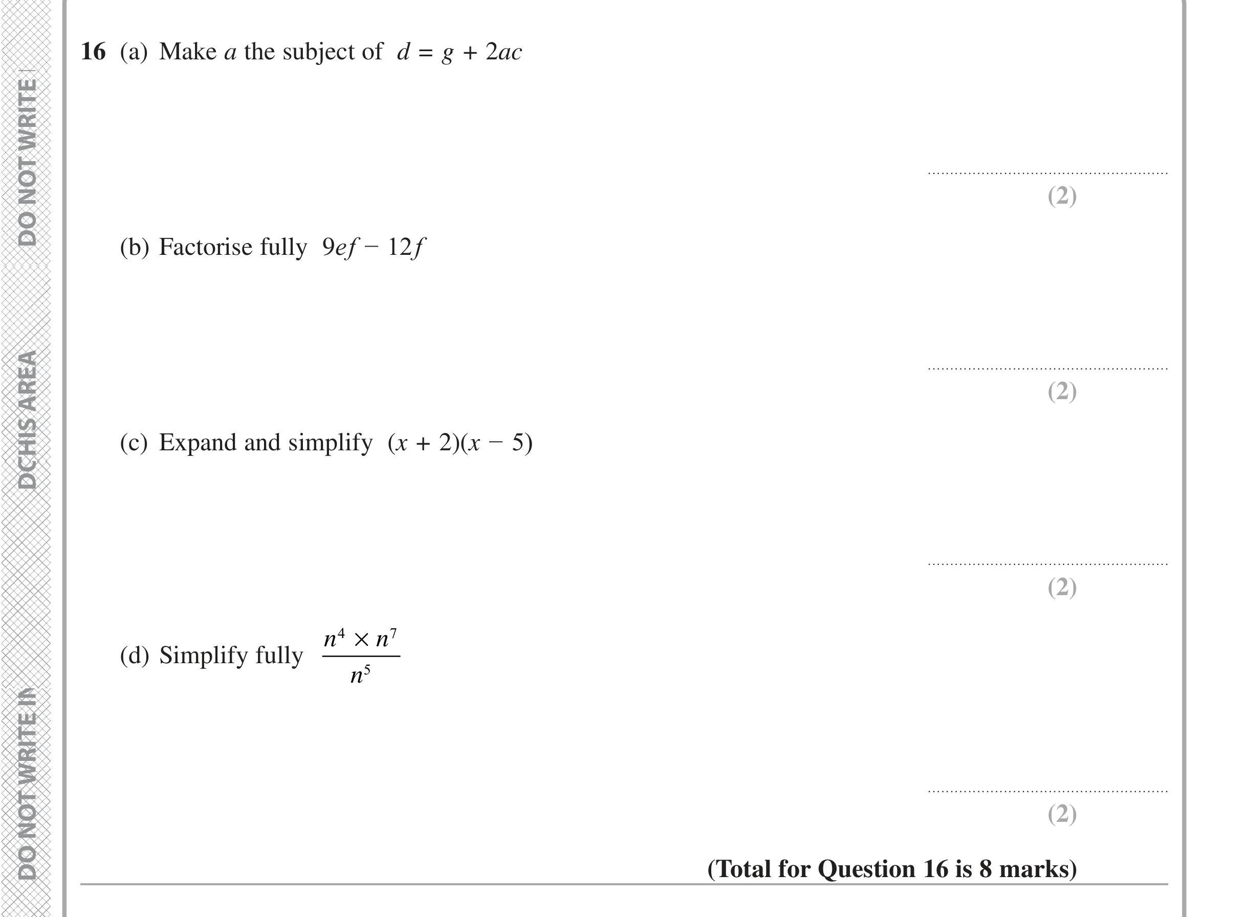 Question 16 — Formulae, Factorise/Expand/Simplify, Powers — Edexcel iGCSE Jan 2020
