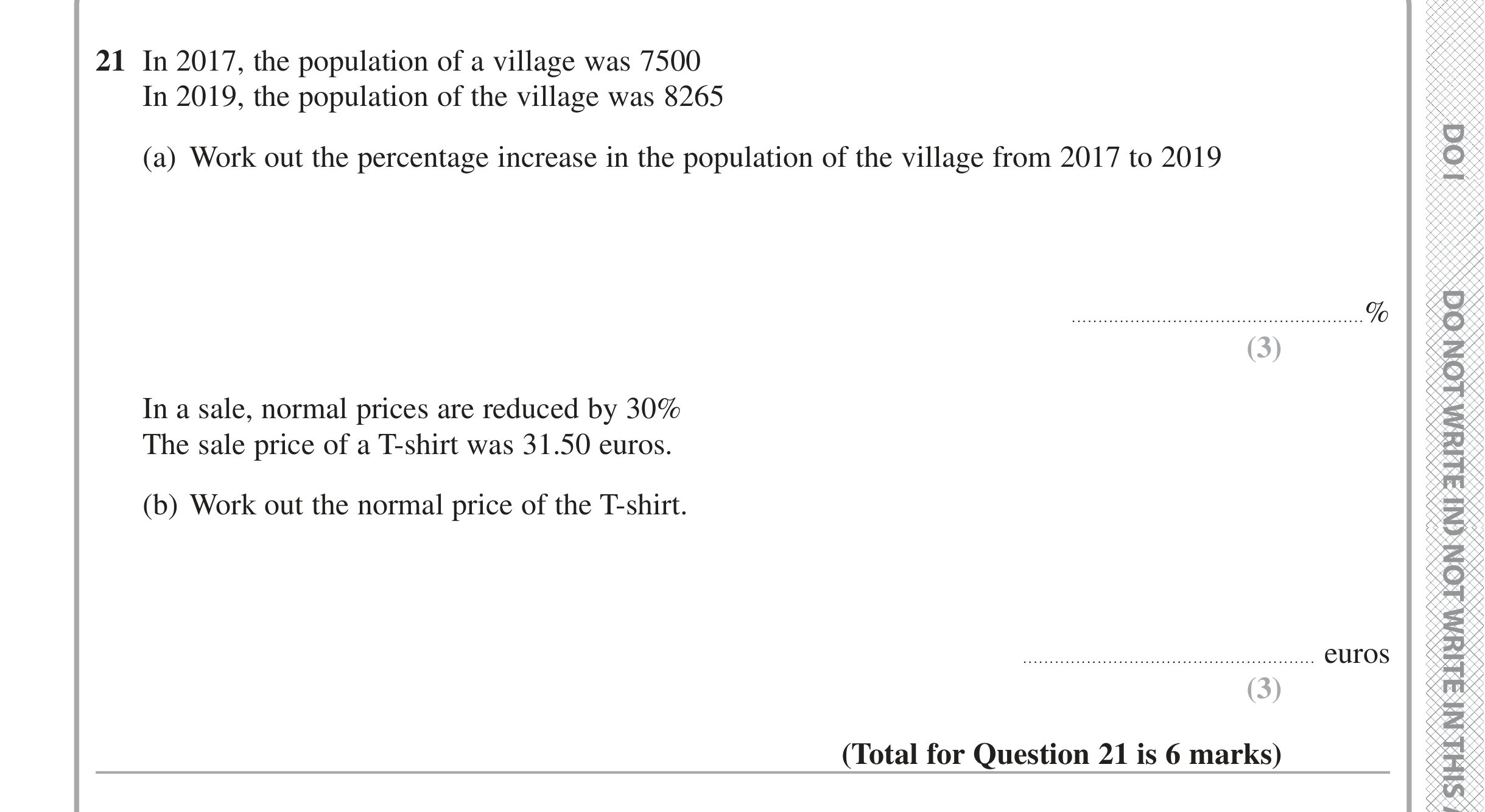 Question 21 — Percentages — Edexcel iGCSE June 2020