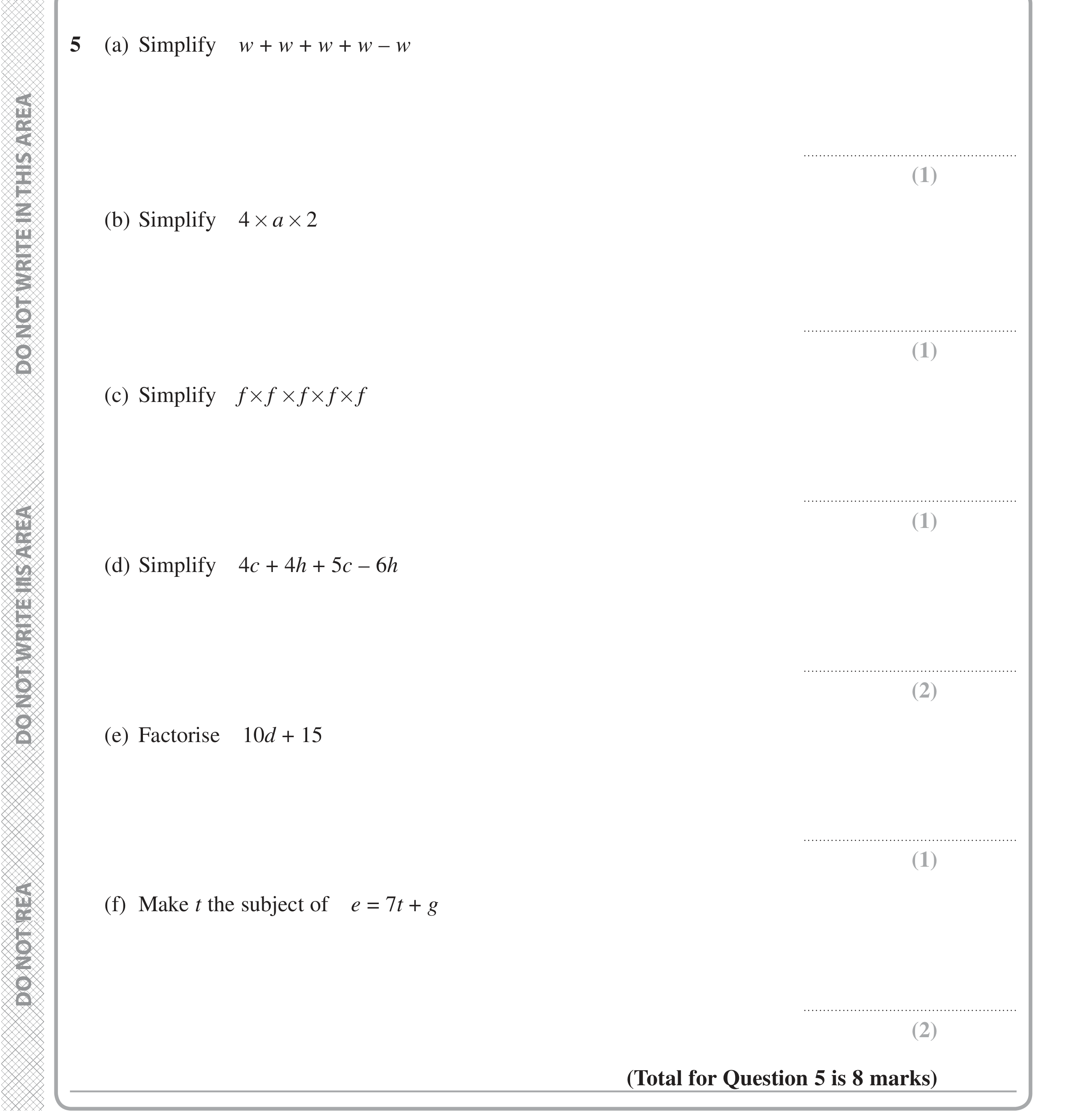 Question 5 — Factorise/Expand/Simplify, Formulae — Edexcel iGCSE June 2020