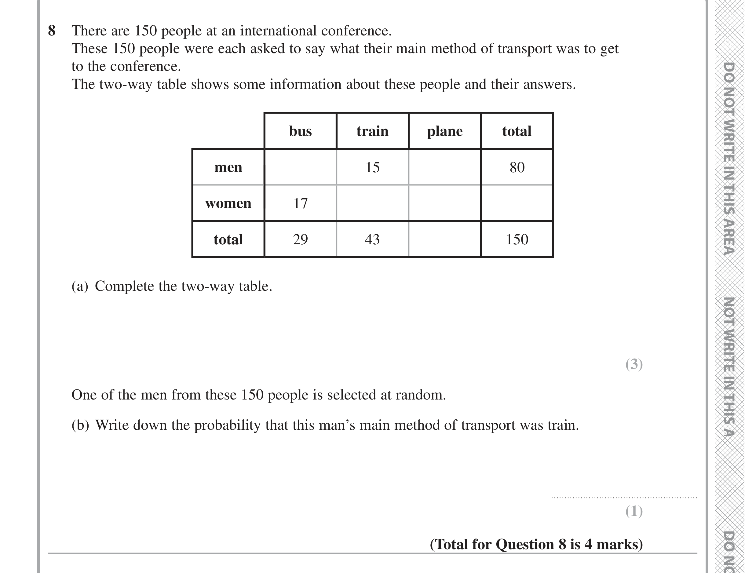 Question 8 — Two Way Table — Edexcel iGCSE June 2020