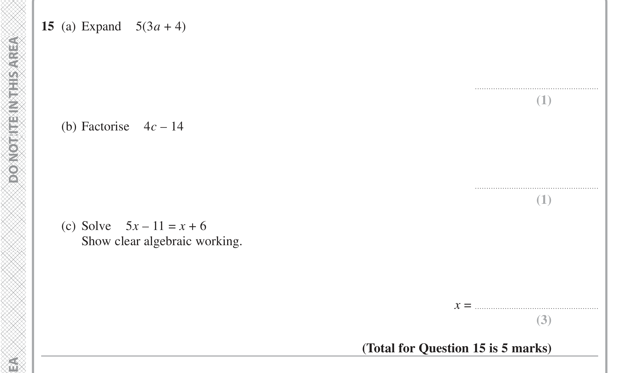Question 15 — Factorise/Expand/Simplify, Linear Equations — Edexcel iGCSE Jan 2021