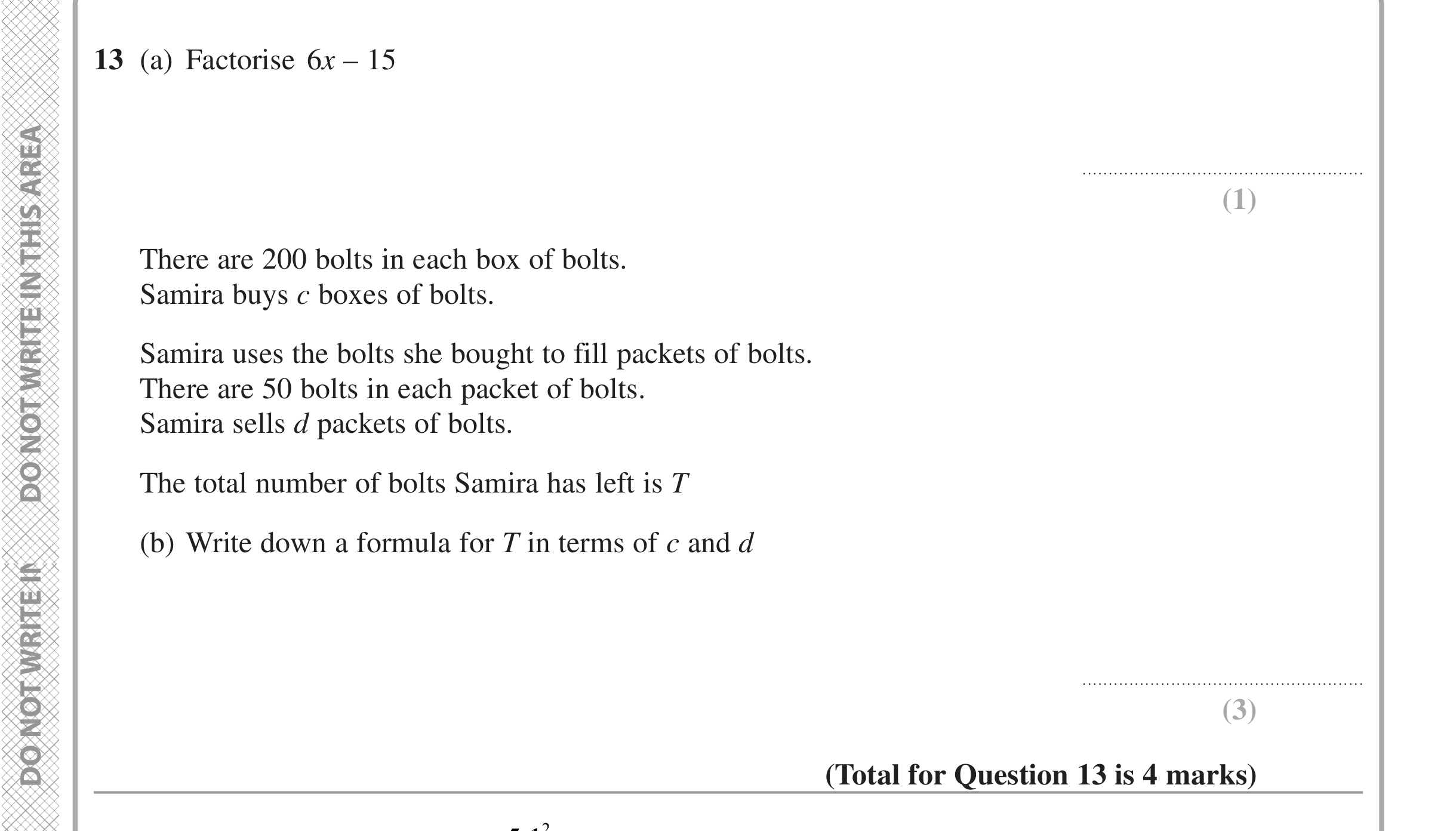 Question 13 — Factorise/Expand/Simplify, Formulae — Edexcel iGCSE Jan 2022
