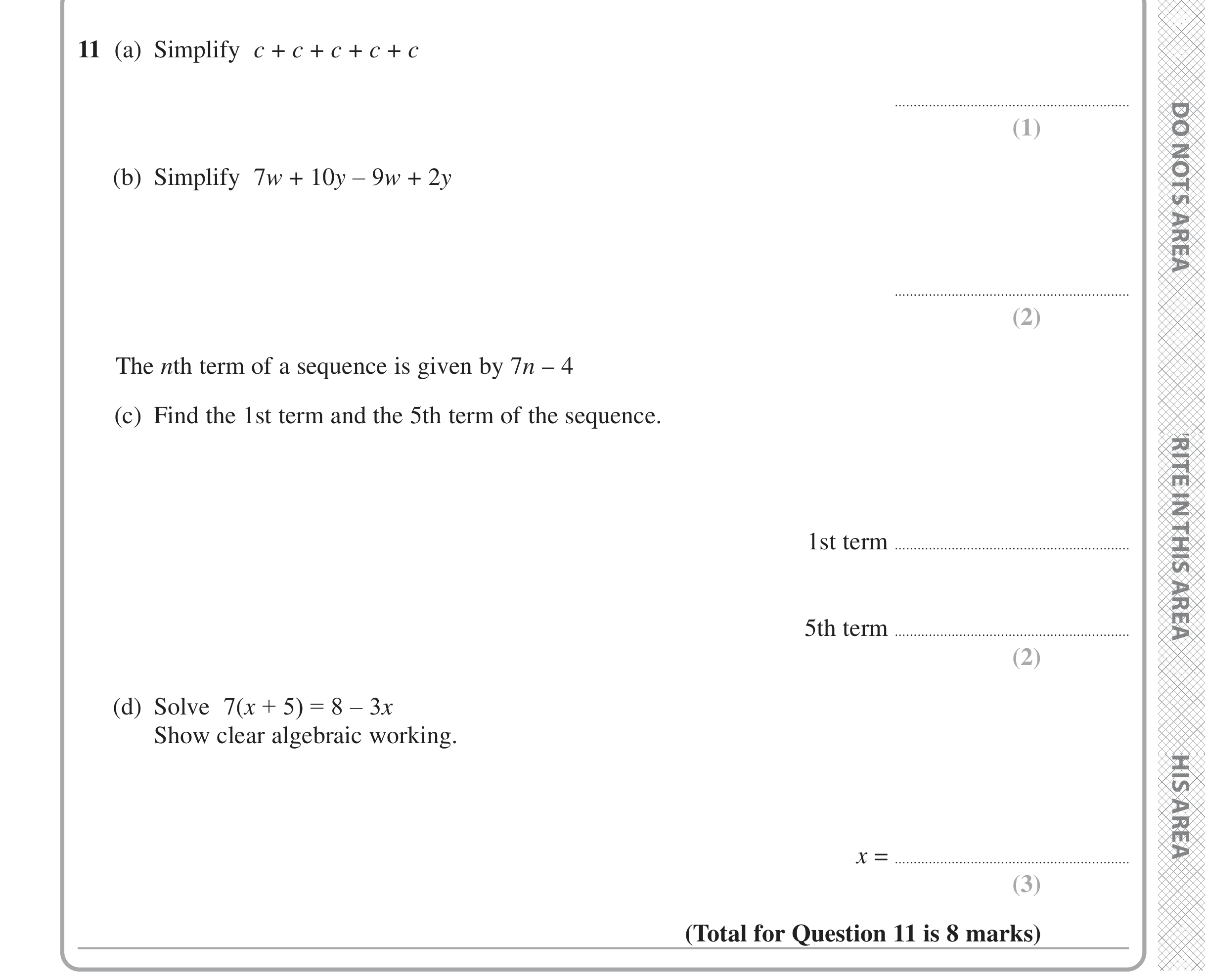 Question 11 — Factorise/Expand/Simplify, Sequences, Linear Equations — Edexcel iGCSE June 2024