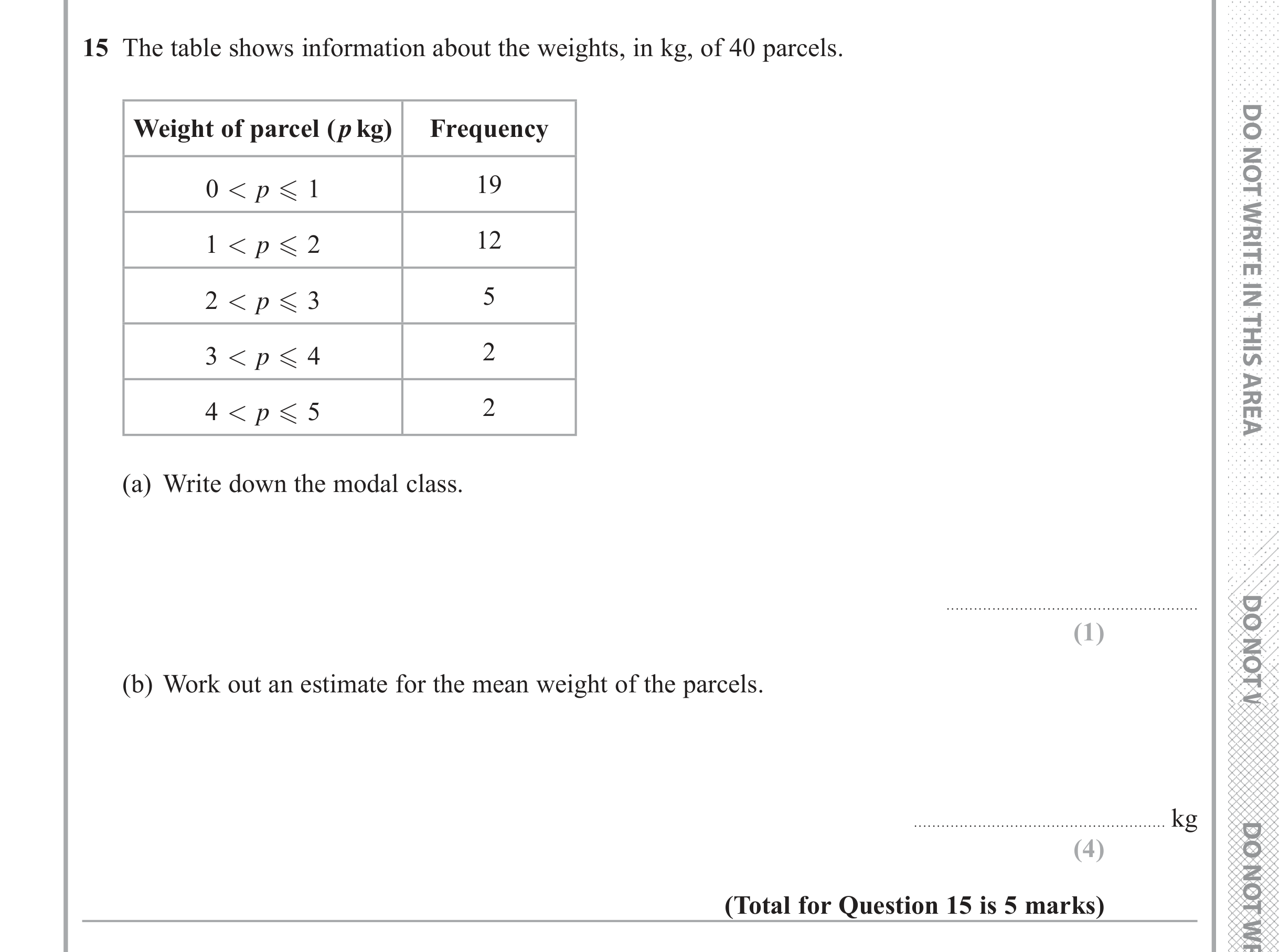 Question 15 — Frequency Tables — Edexcel iGCSE June 2018