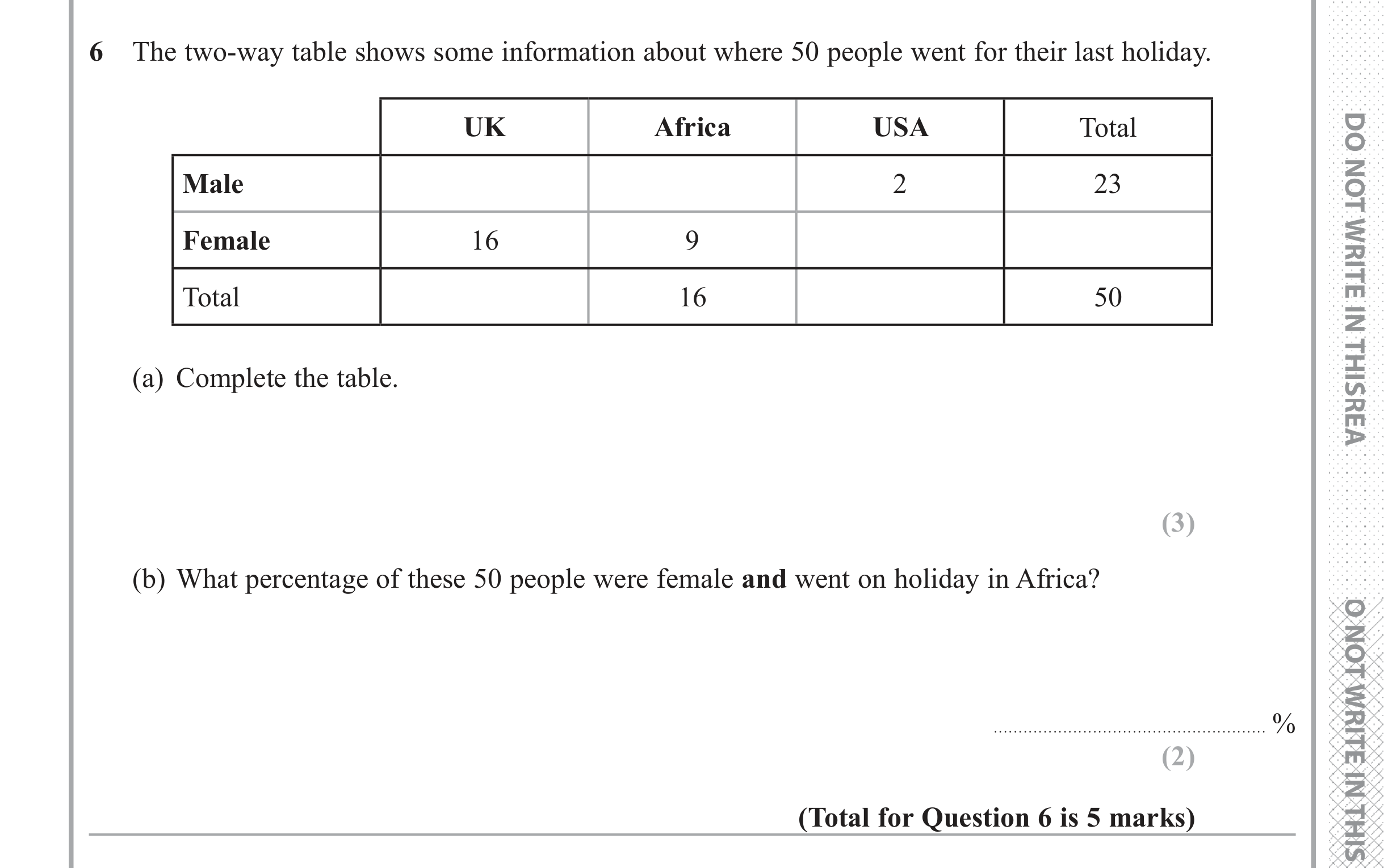 Question 6 — Two Way Table, Percentages — Edexcel iGCSE June 2018