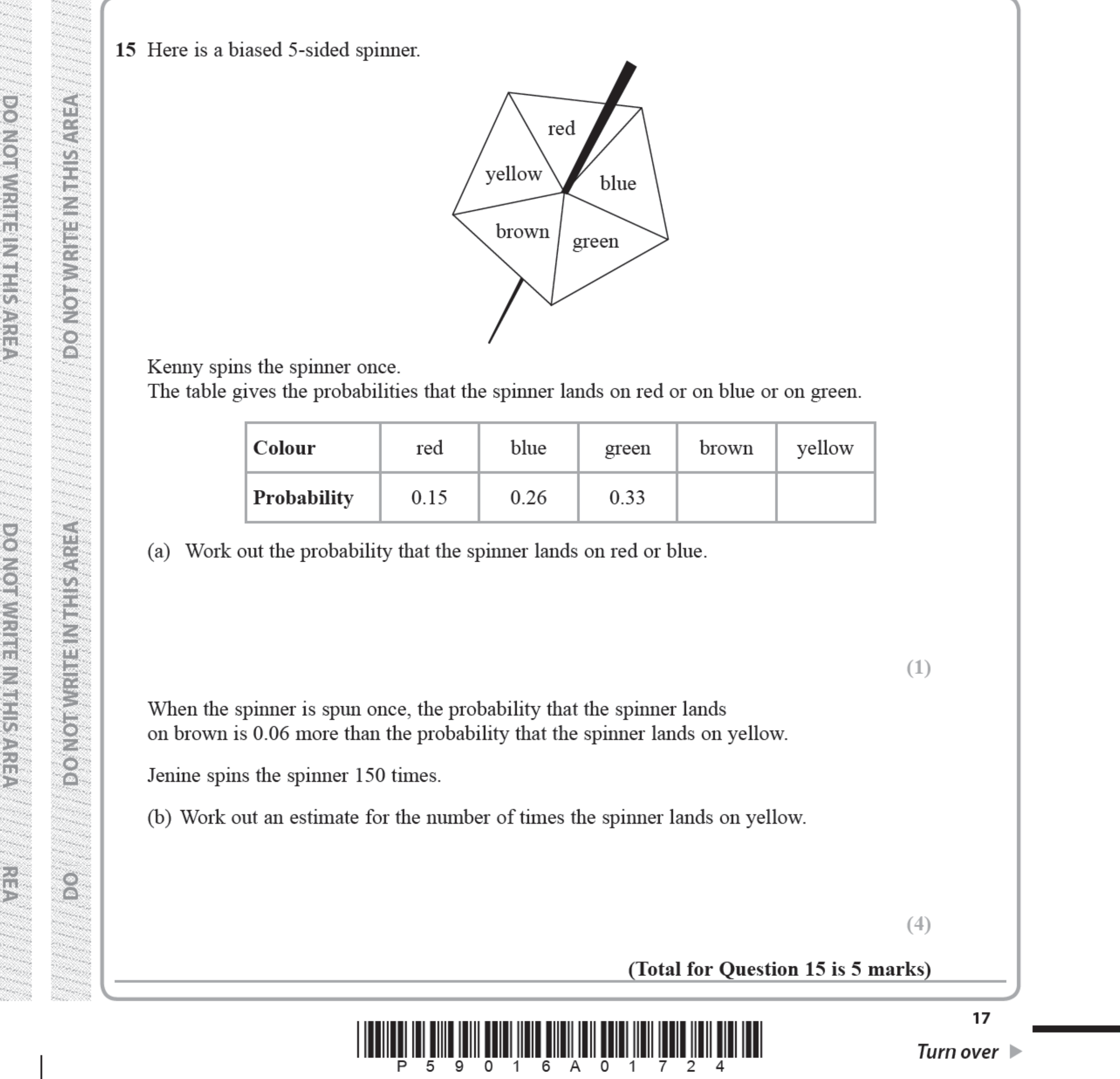 Question 15 — Probability — Edexcel iGCSE Jan 2019