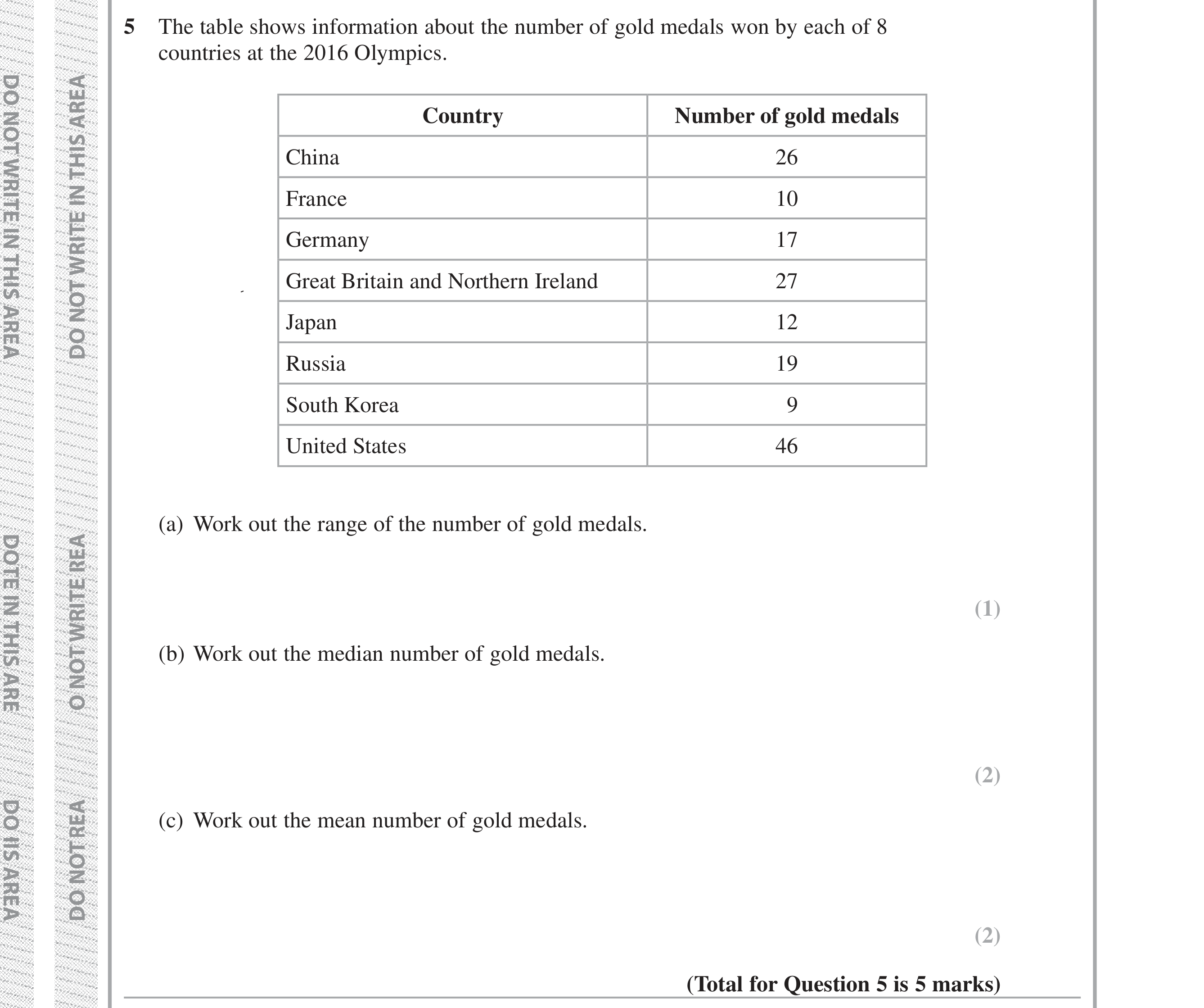 Question 5 — Mean/Median/Mode/Range — Edexcel iGCSE Jan 2019
