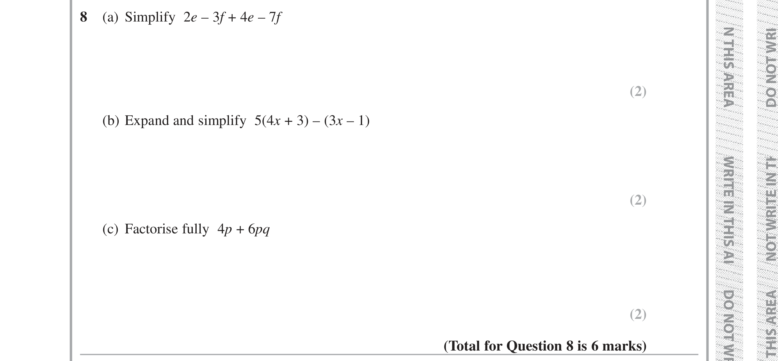 Question 8 — Factorise/Expand/Simplify — Edexcel iGCSE Jan 2019