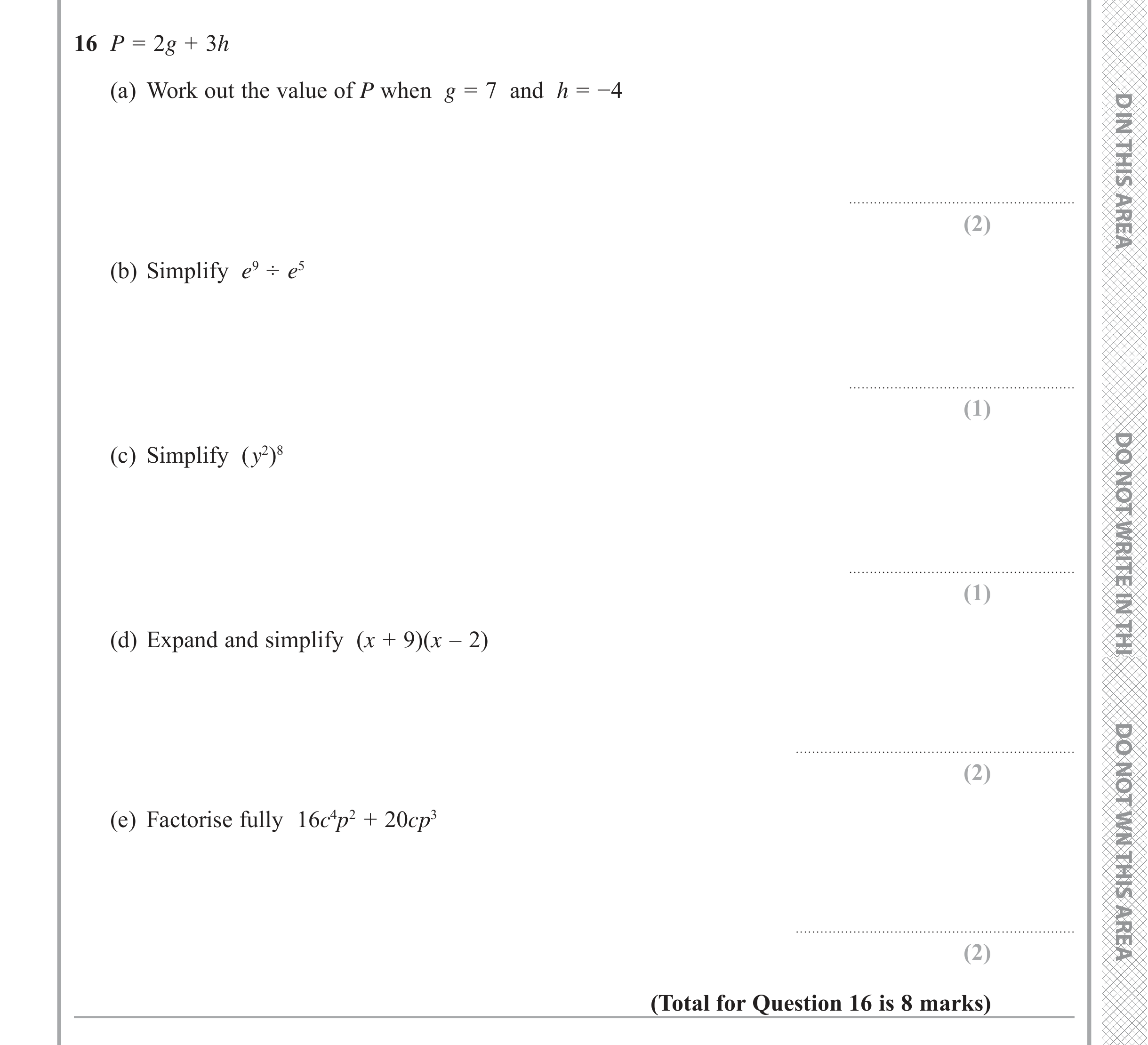 Question 16 — Formulae, Factorise/Expand/Simplify, Powers — Edexcel iGCSE June 2019