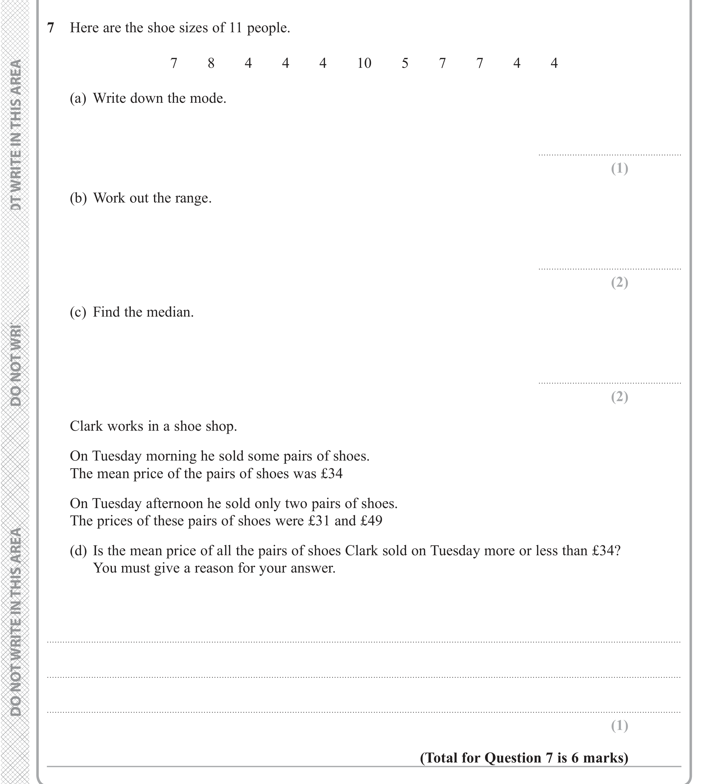 Question 7 — Mean/Median/Mode/Range, Money Problems — Edexcel iGCSE June 2019