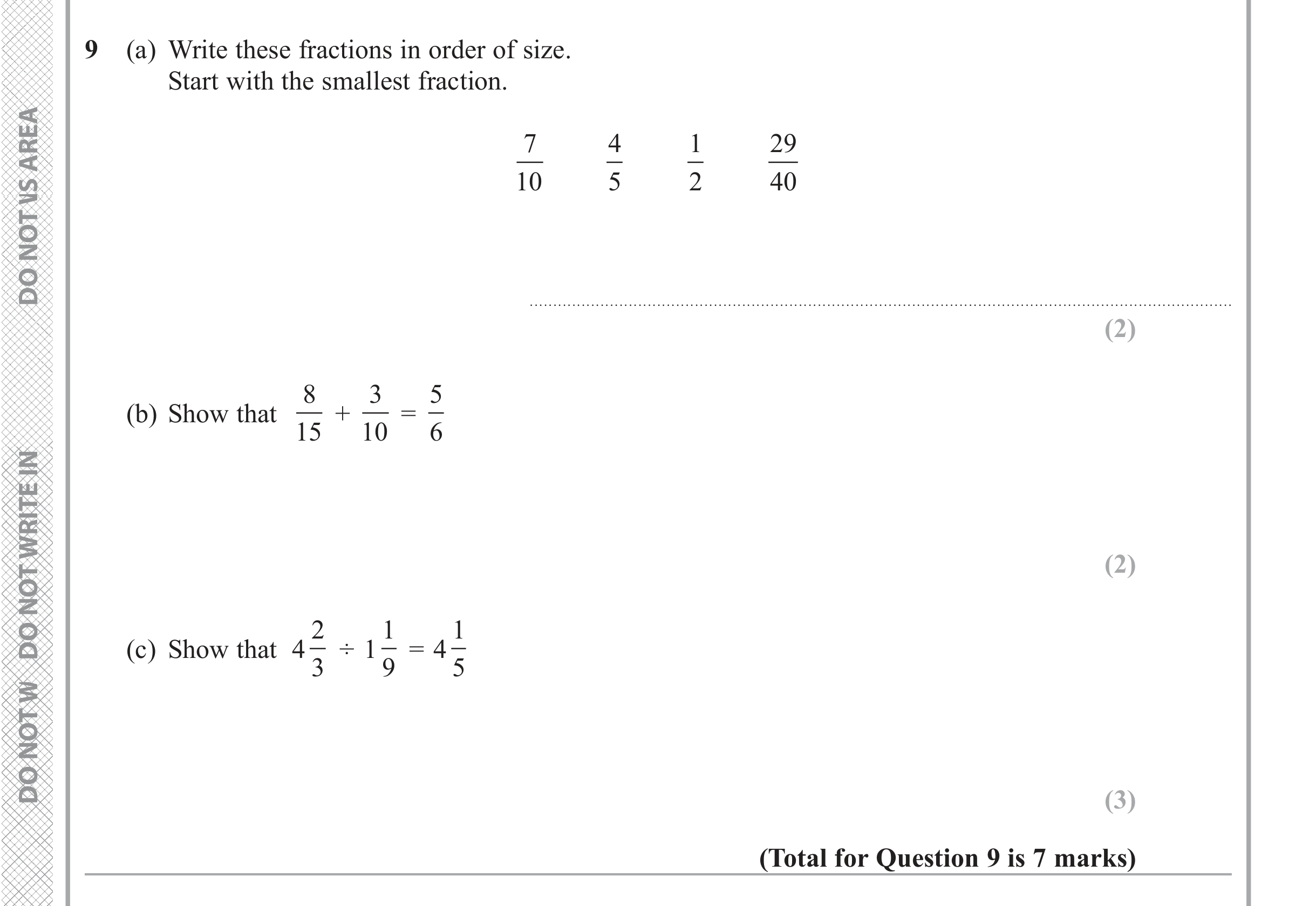 Question 9 — Fractions — Edexcel iGCSE June 2019