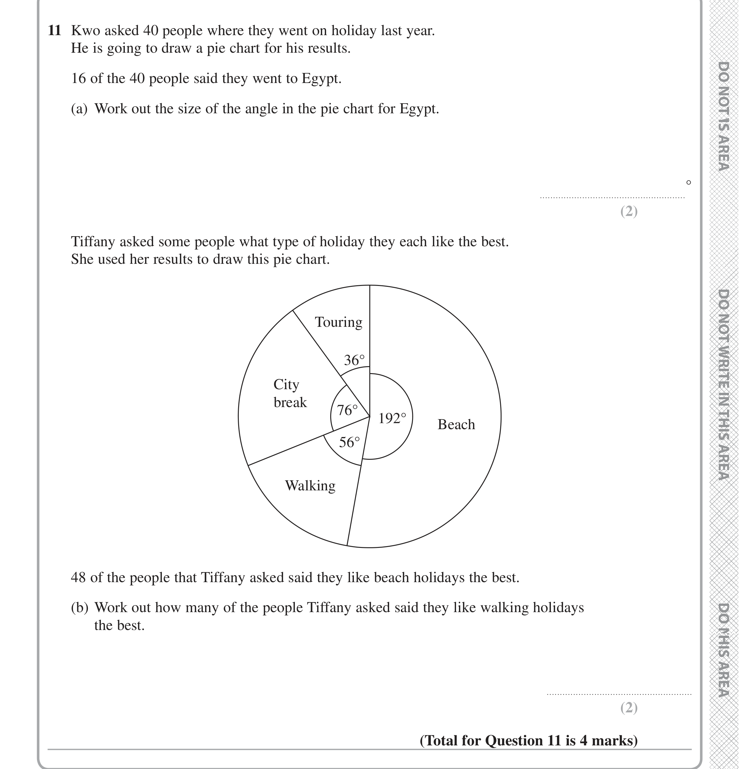 Question 11 — Pie Chart — Edexcel iGCSE Jan 2020