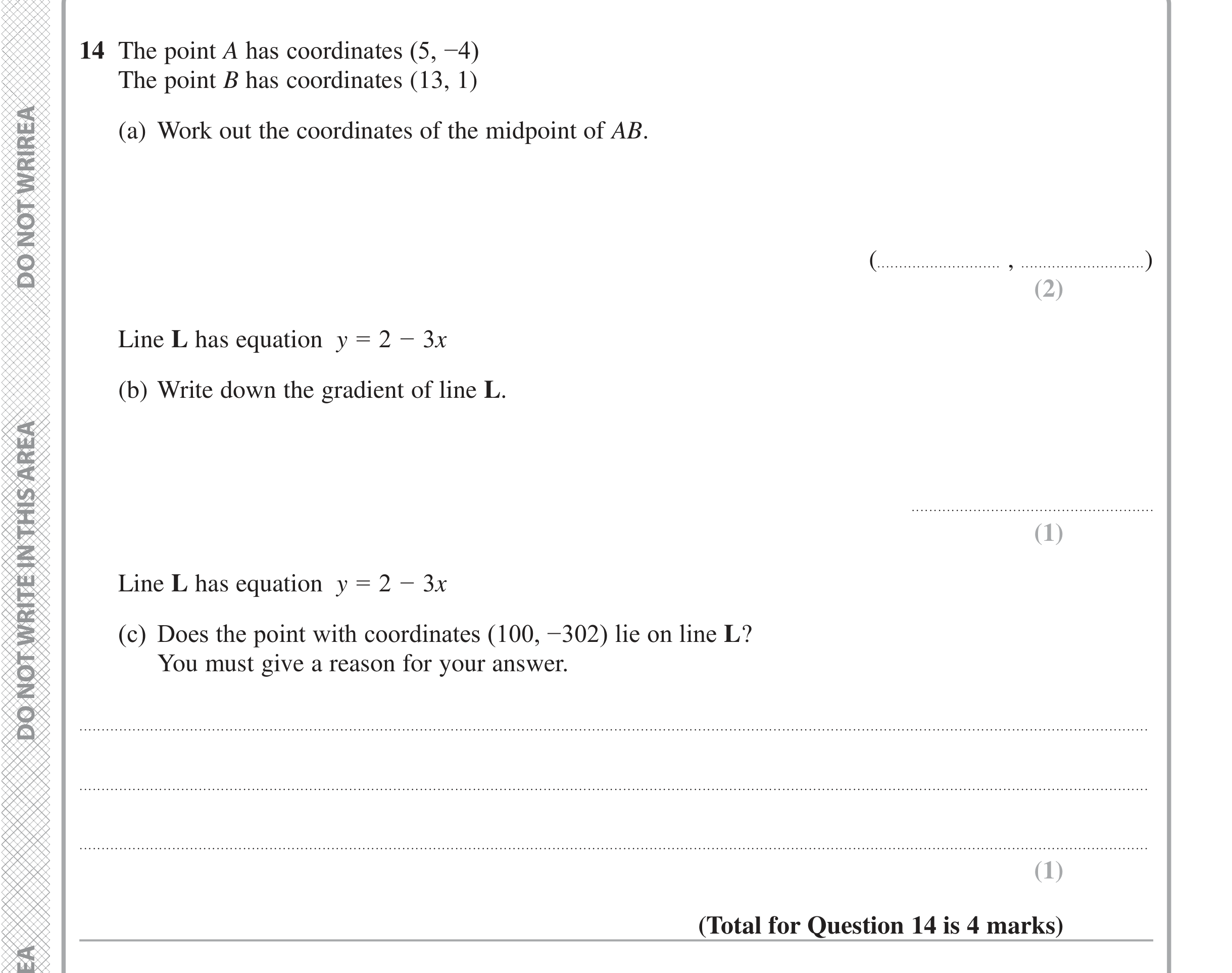 Question 14 — Straight Line Graphs, Midpoints — Edexcel iGCSE Jan 2020