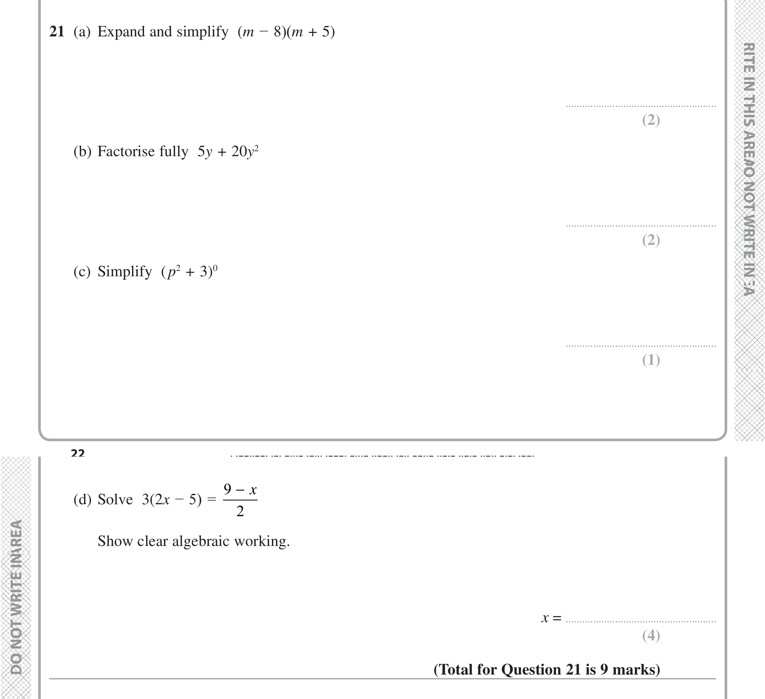 Question 21 — Factorise/Expand/Simplify, Linear Equations — Edexcel iGCSE Jan 2020