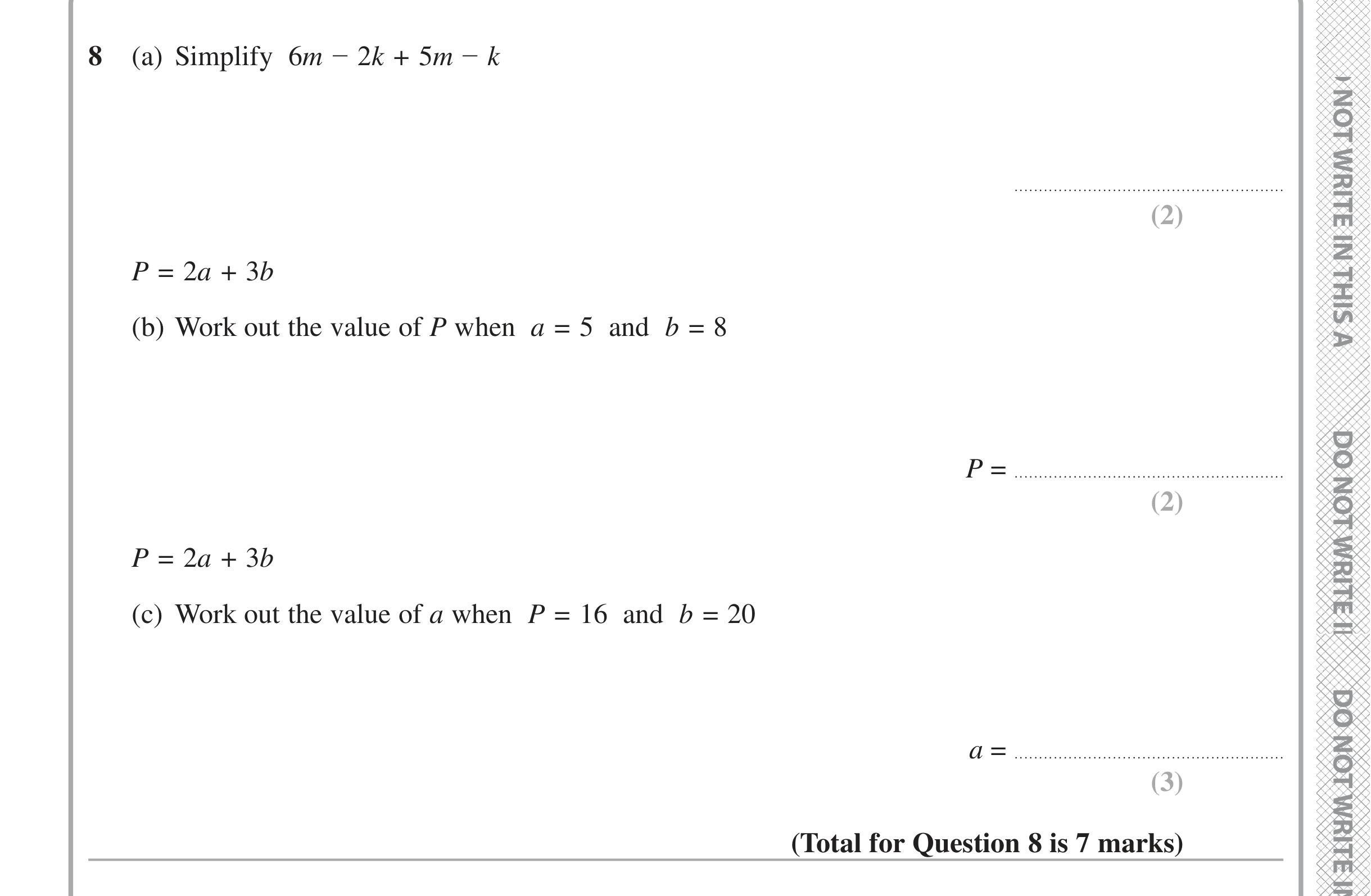 Question 8 — Factorise/Expand/Simplify, Formulae — Edexcel iGCSE Jan 2020