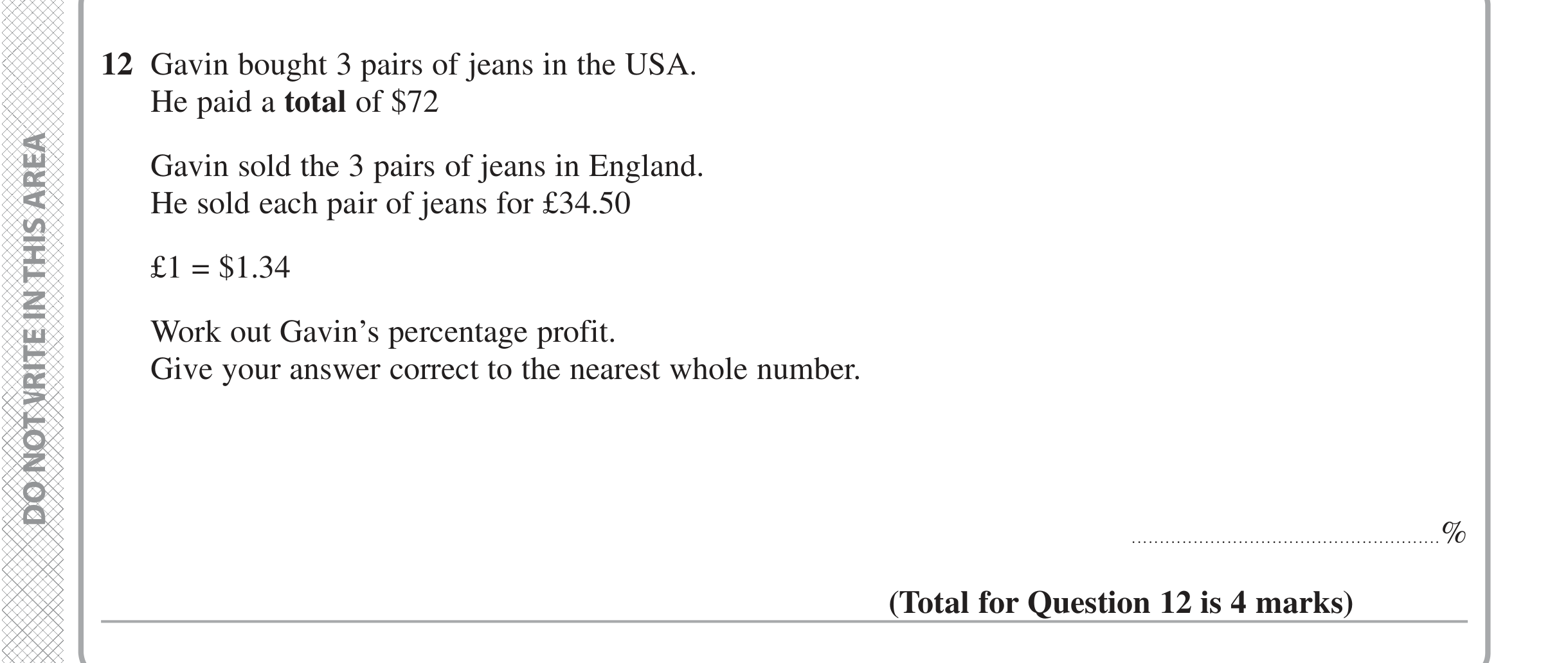 Question 12 — Money Problems, Percentages — Edexcel iGCSE June 2020