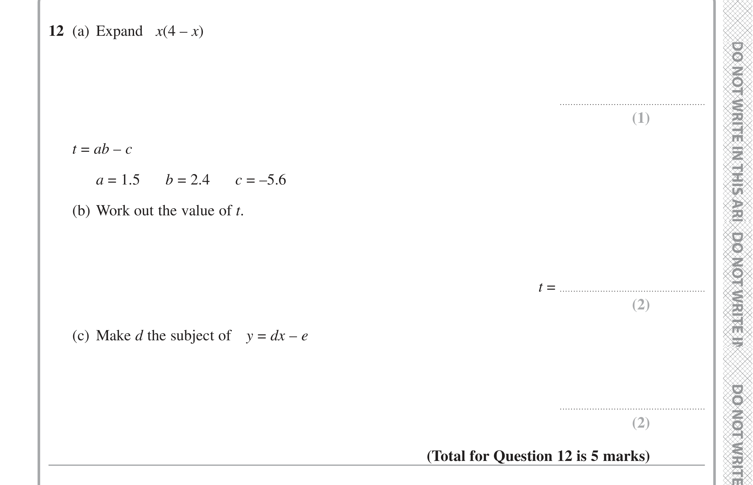 Question 12 — Factorise/Expand/Simplify, Formulae — Edexcel iGCSE Jan 2021