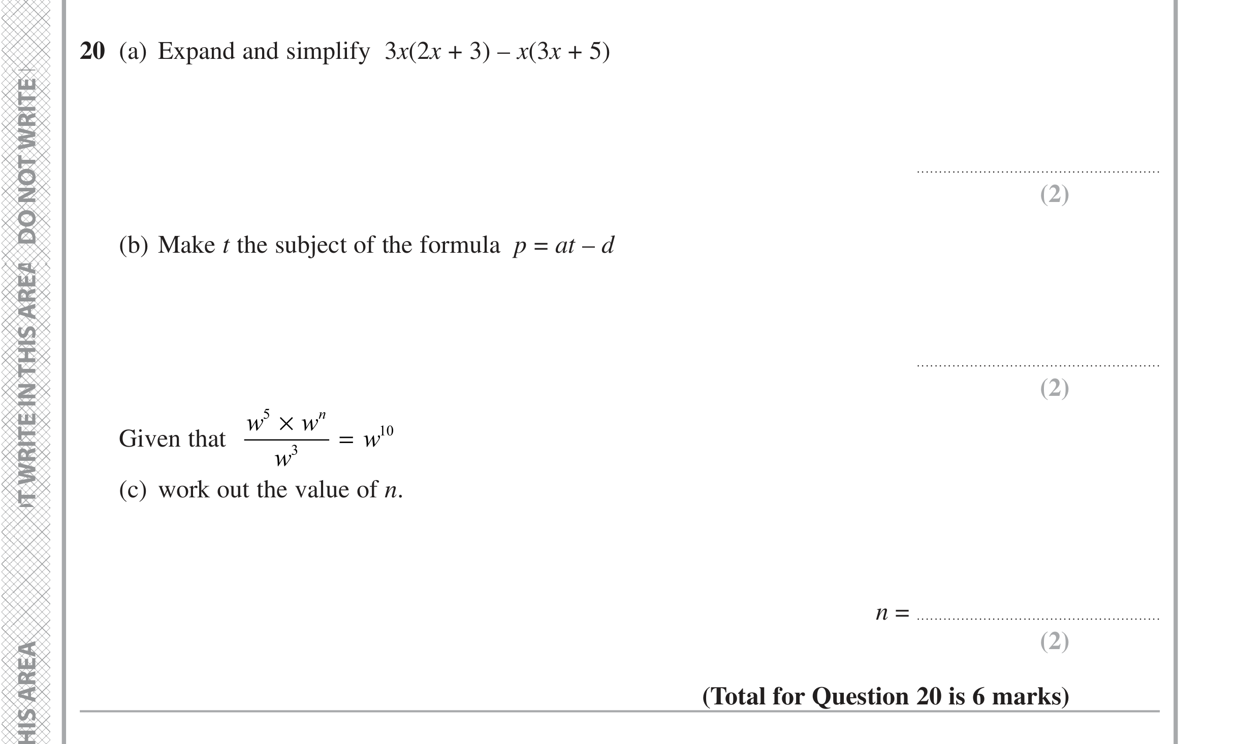 Question 20 — Factorise/Expand/Simplify, Formulae, Powers — Edexcel iGCSE June 2021