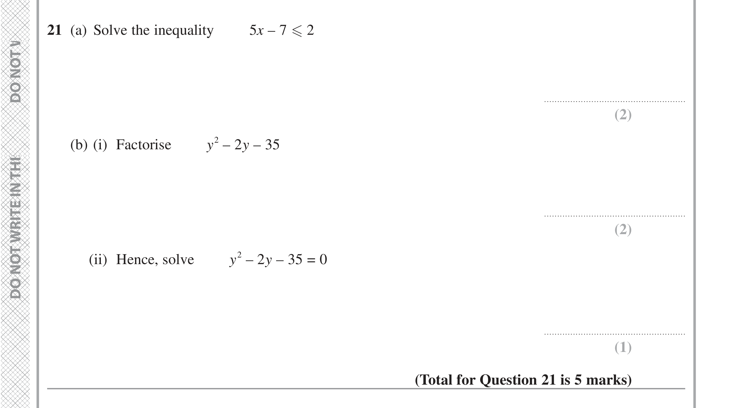 Question 21 — Inequalities, Quadratic Equations — Edexcel iGCSE Jan 2022