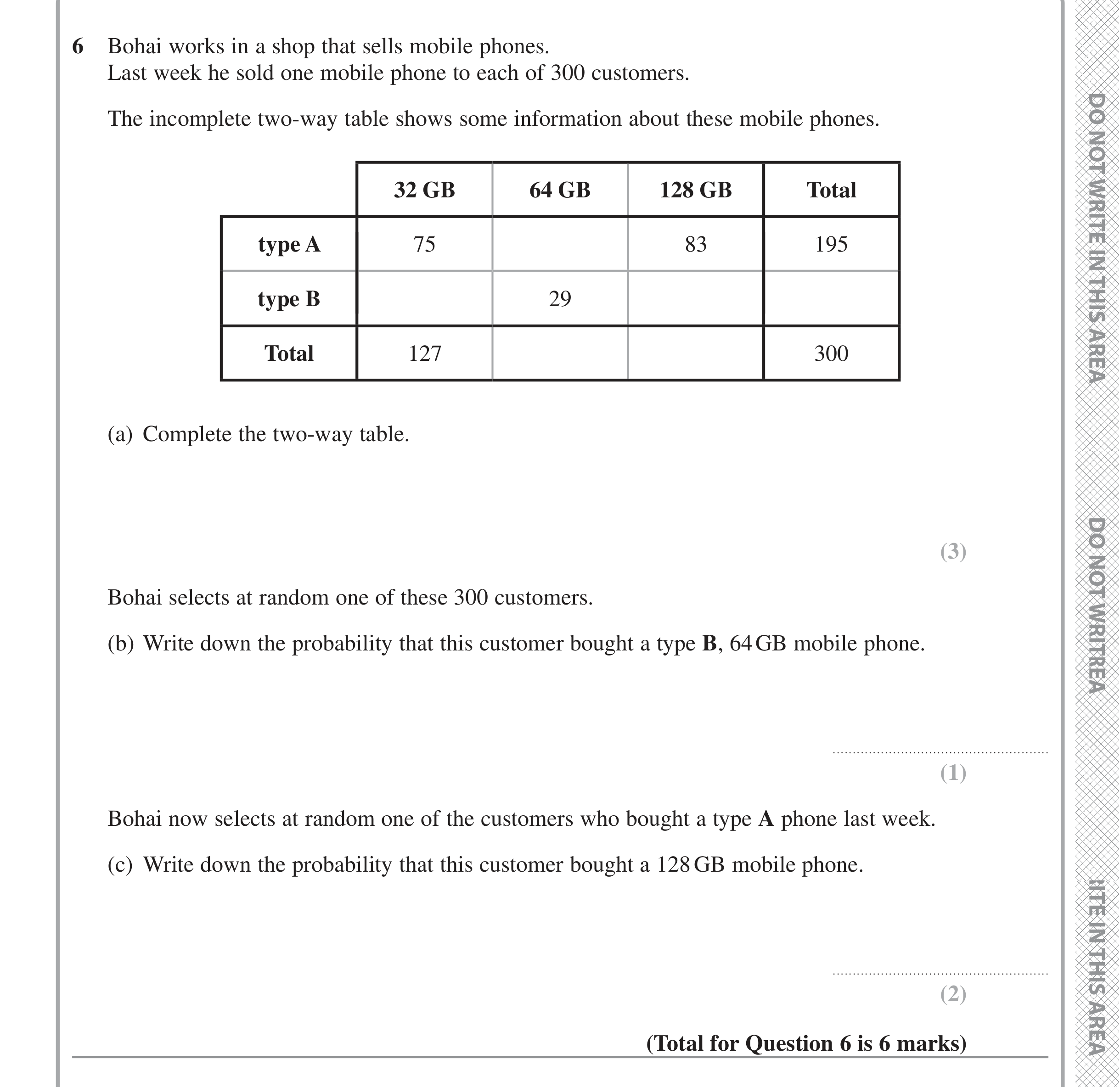 Question 6 — Two Way Table — Edexcel iGCSE Jan 2022
