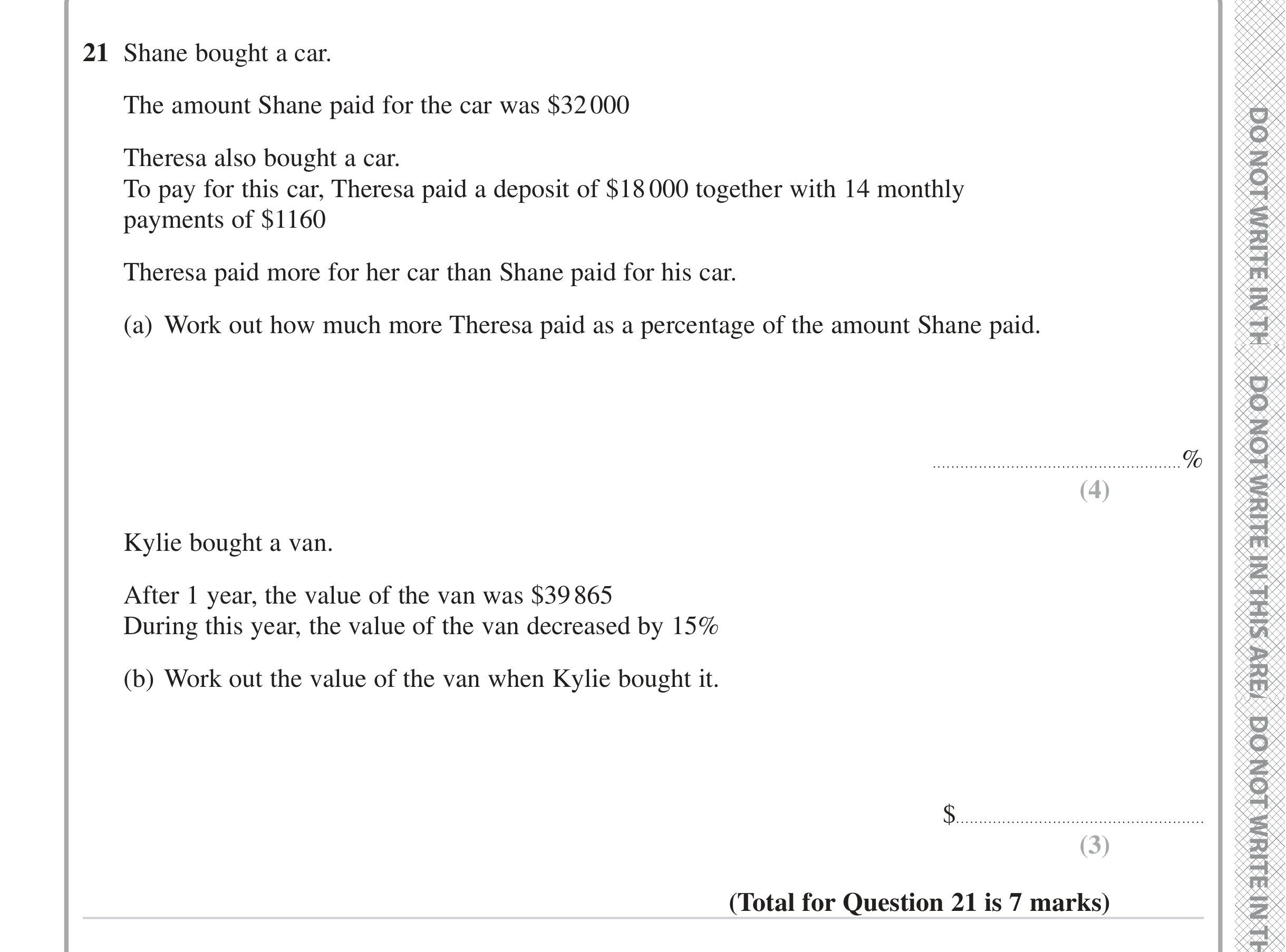 Question 21 — Money Problems, Percentages — Edexcel iGCSE Jan 2023