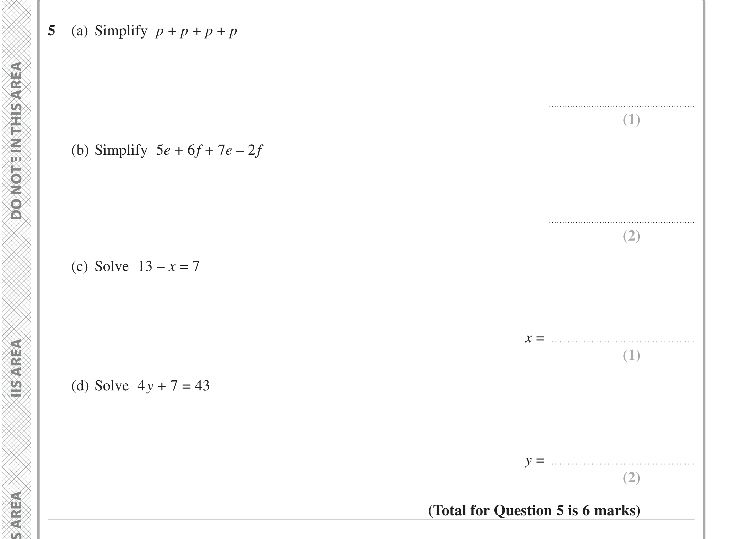 Question 5 — Factorise/Expand/Simplify, Linear Equations — Edexcel iGCSE June 2023