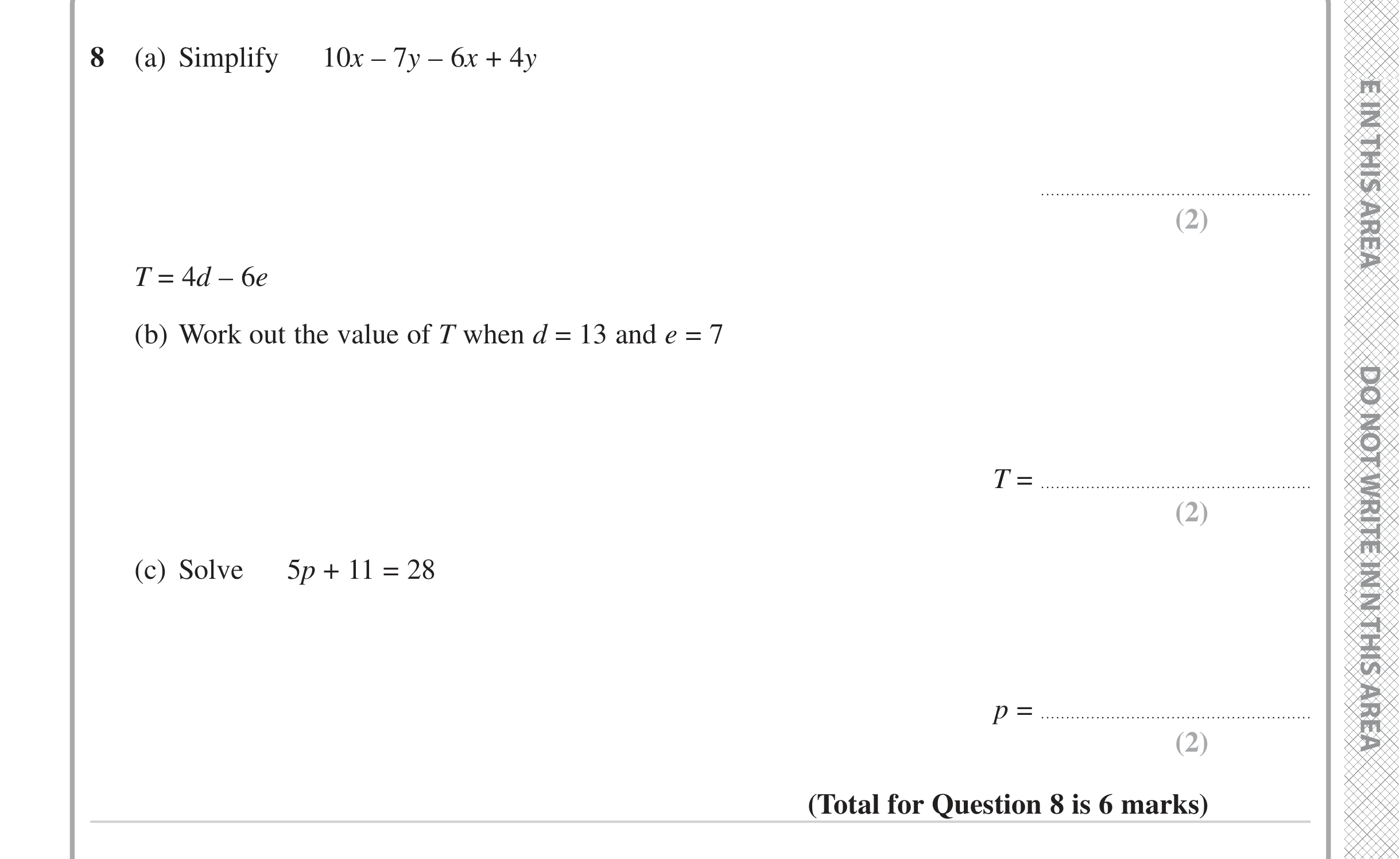 Question 8 — Factorise/Expand/Simplify, Formulae, Linear Equations — Edexcel iGCSE June 2024