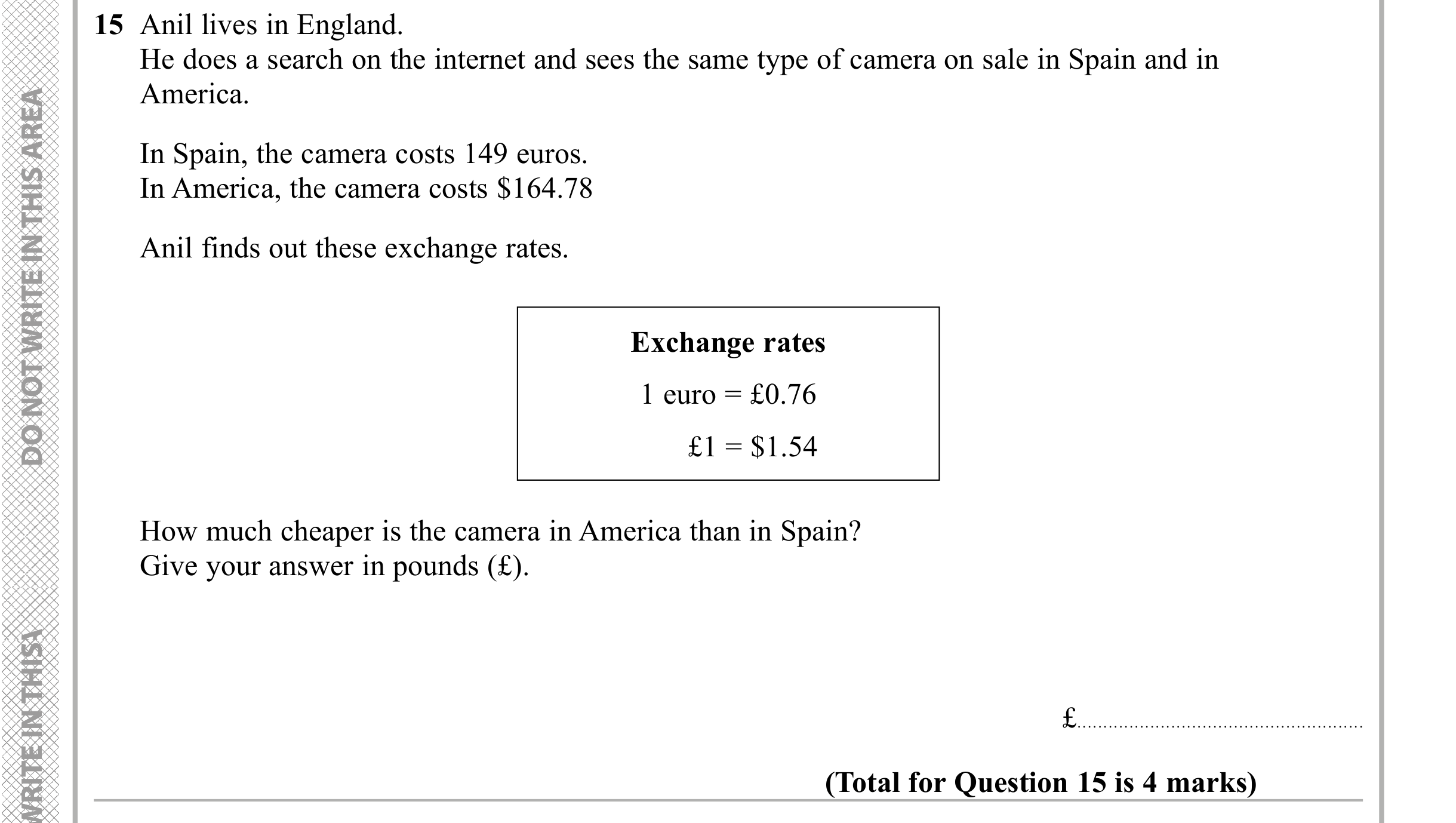 Question 15 — Exchange Rate — Edexcel iGCSE Sample Paper