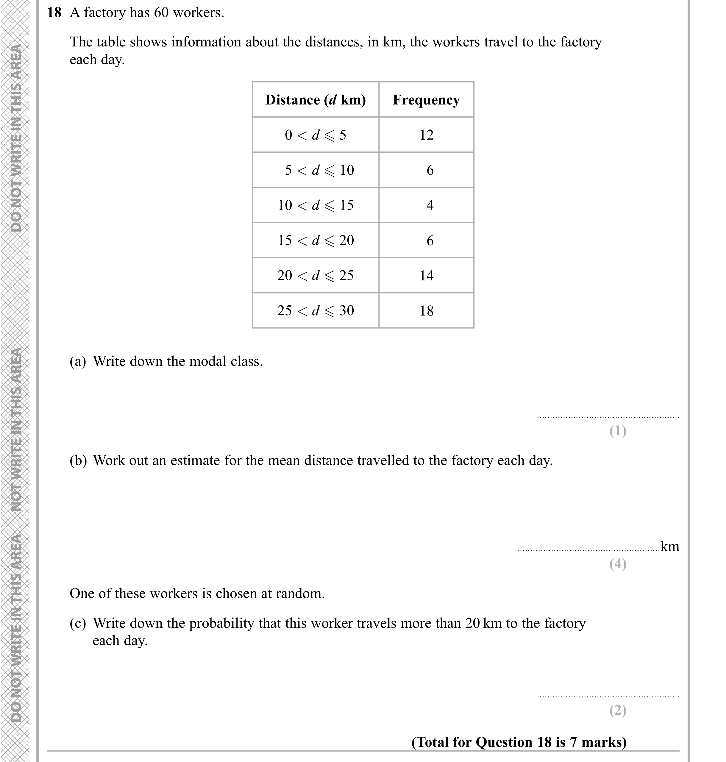 Question 18 — Frequency Tables — Edexcel iGCSE Sample Paper