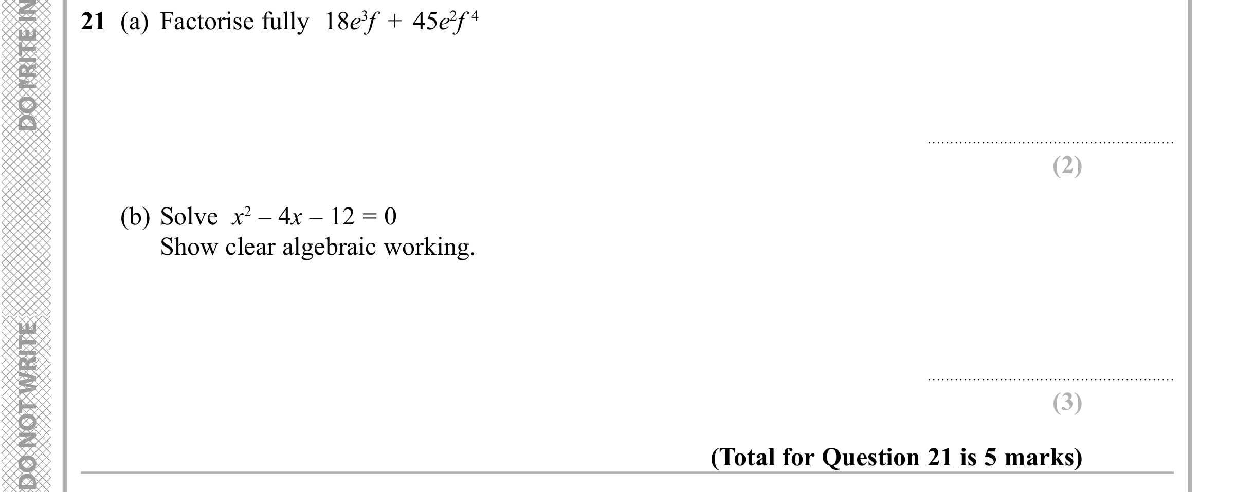 Question 21 — Factorise/Expand/Simplify, Quadratic Equations — Edexcel iGCSE Sample Paper