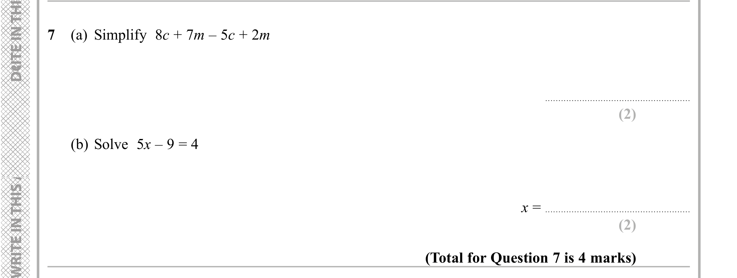 Question 7 — Factorise/Expand/Simplify, Linear Equations — Edexcel iGCSE Sample Paper