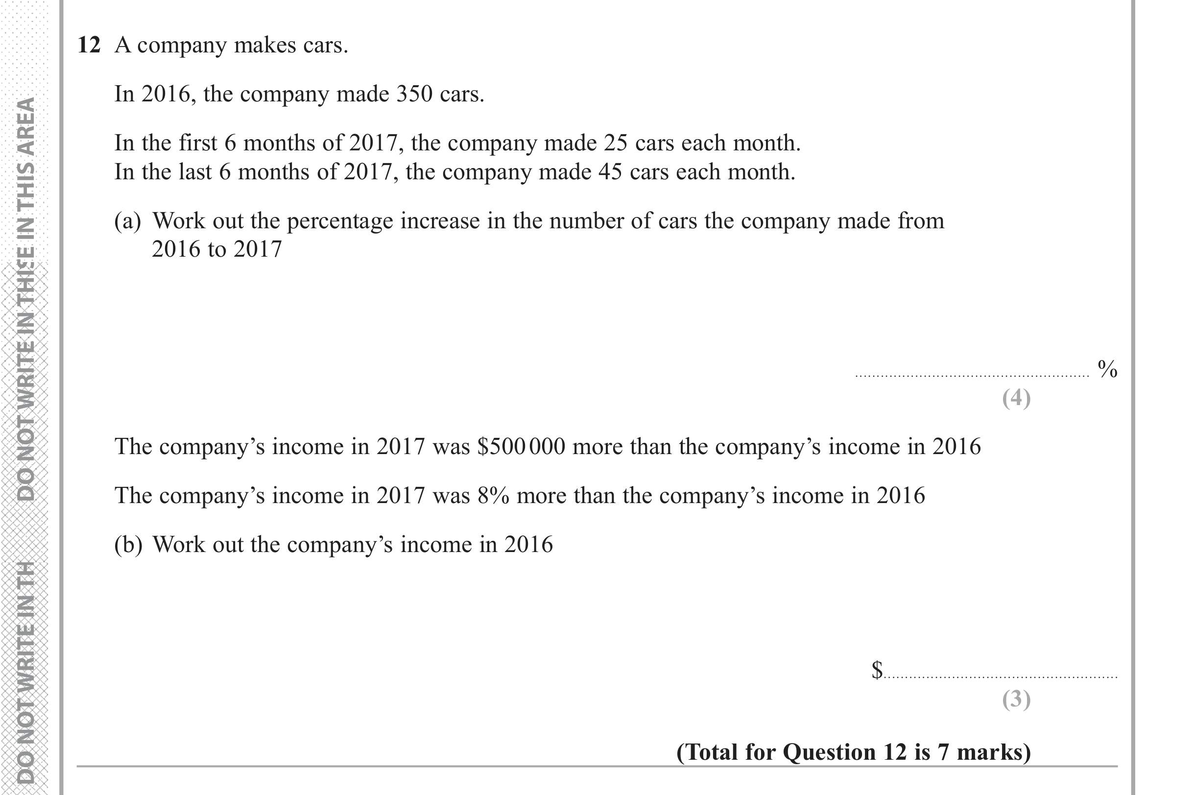 Question 12 — Percentages — Edexcel iGCSE June 2018