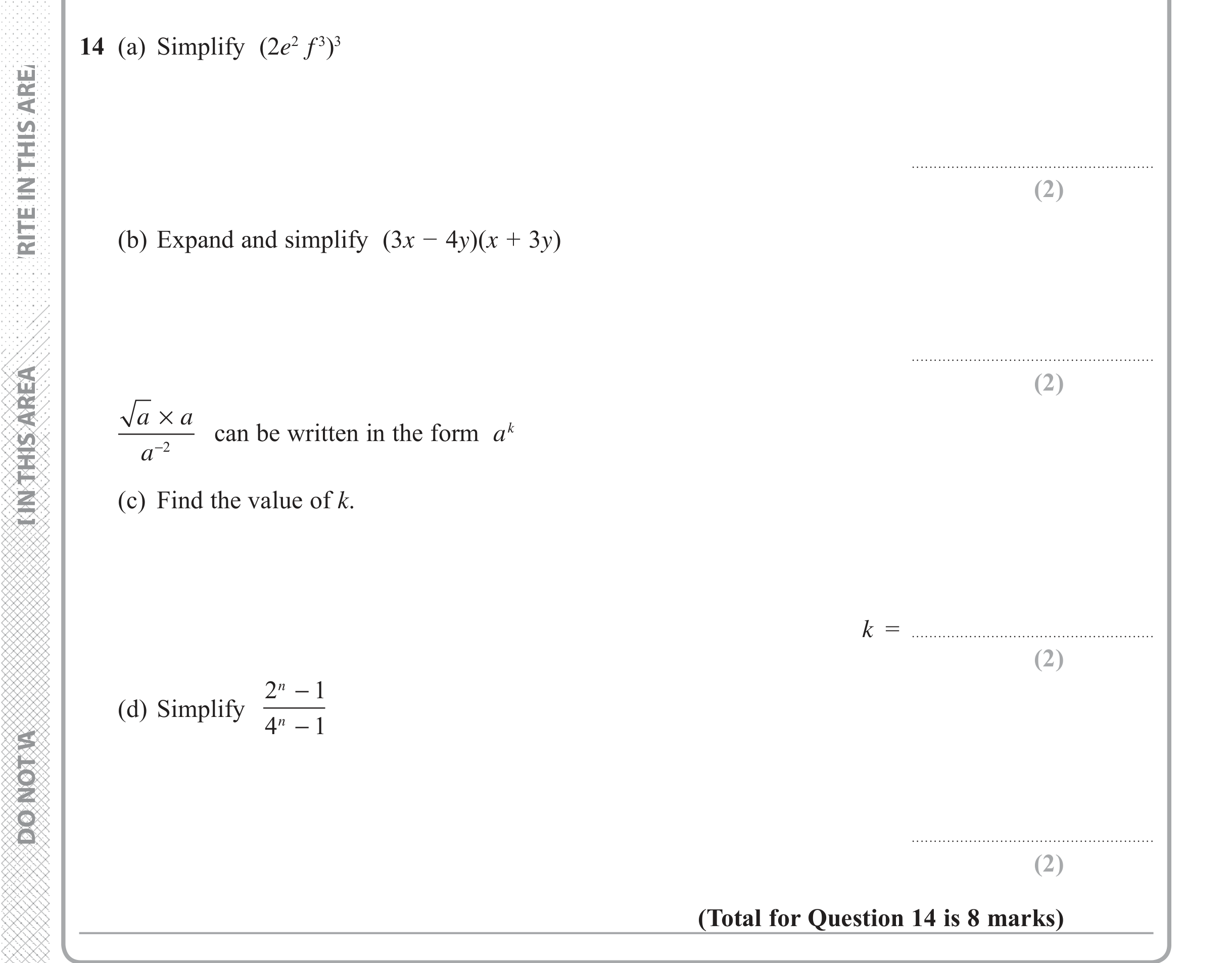 Question 14 — Powers, Algebra (Expand/Simplify/Factorise) — Edexcel iGCSE June 2018
