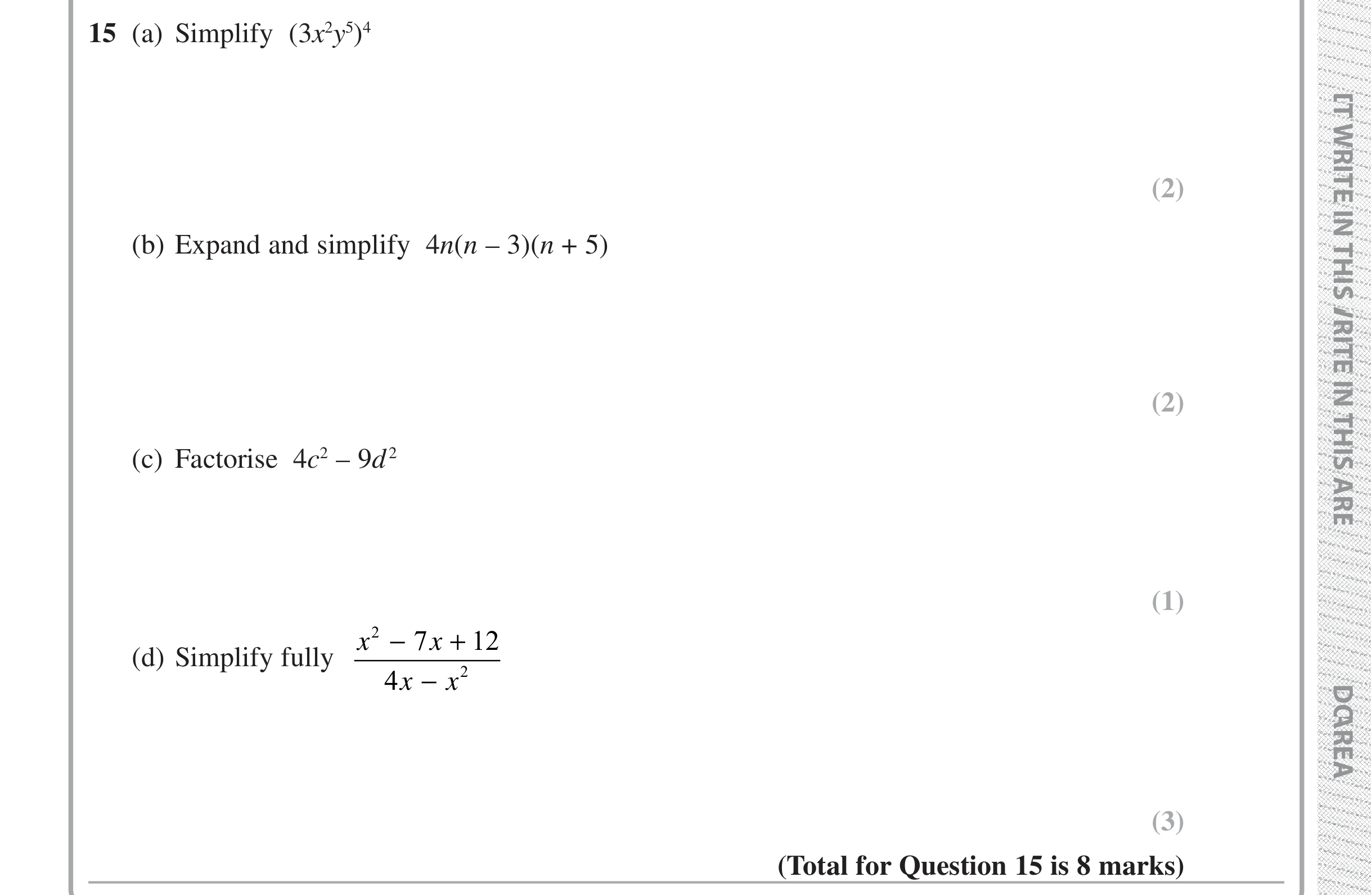 Question 15 — Powers, Algebra (Expand/Simplify/Factorise), Algebra Fractions — Edexcel iGCSE Jan 2019