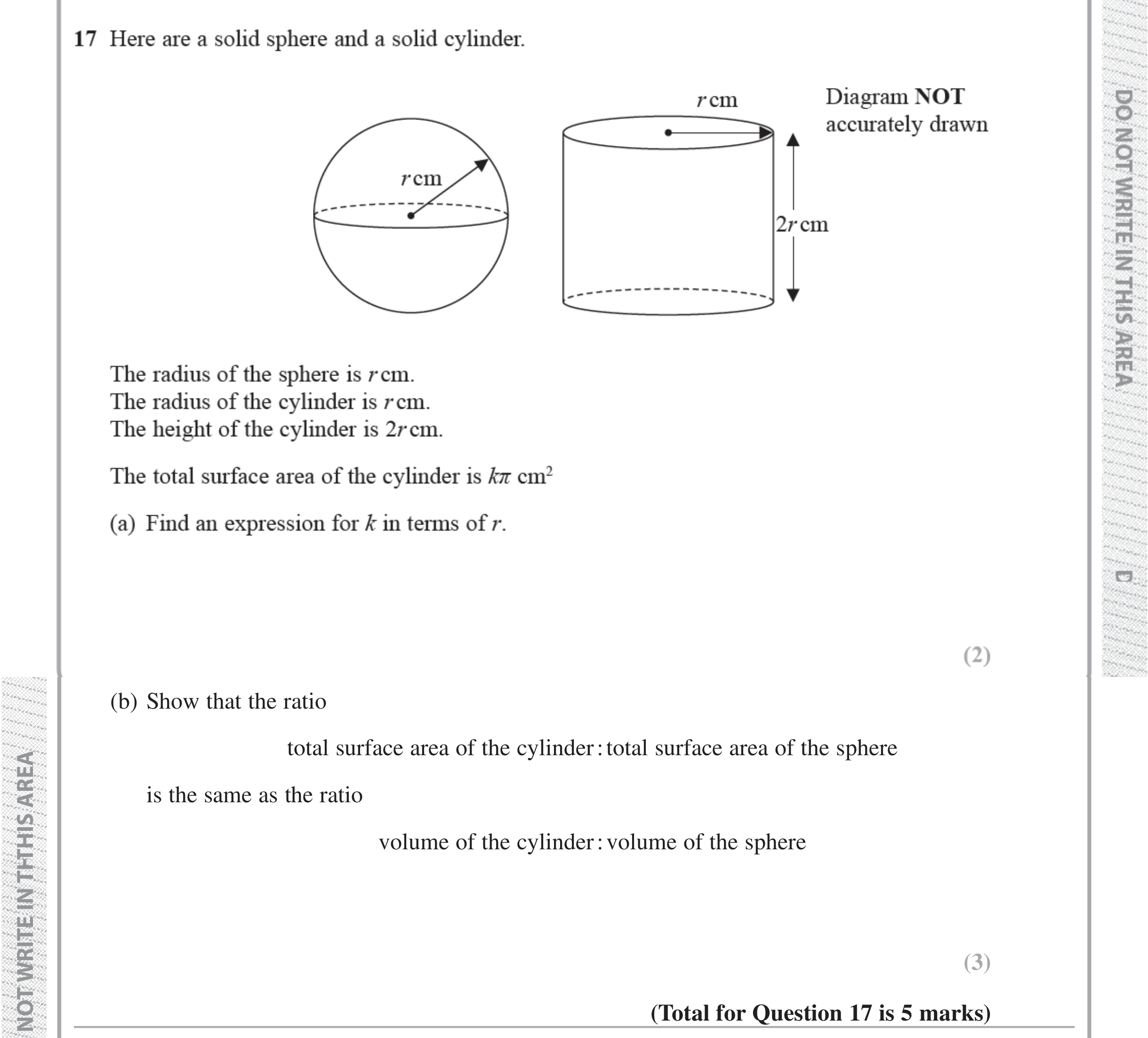 Question 17 — 3D Shapes and Volume, Surface Area, Ratios — Edexcel iGCSE Jan 2019