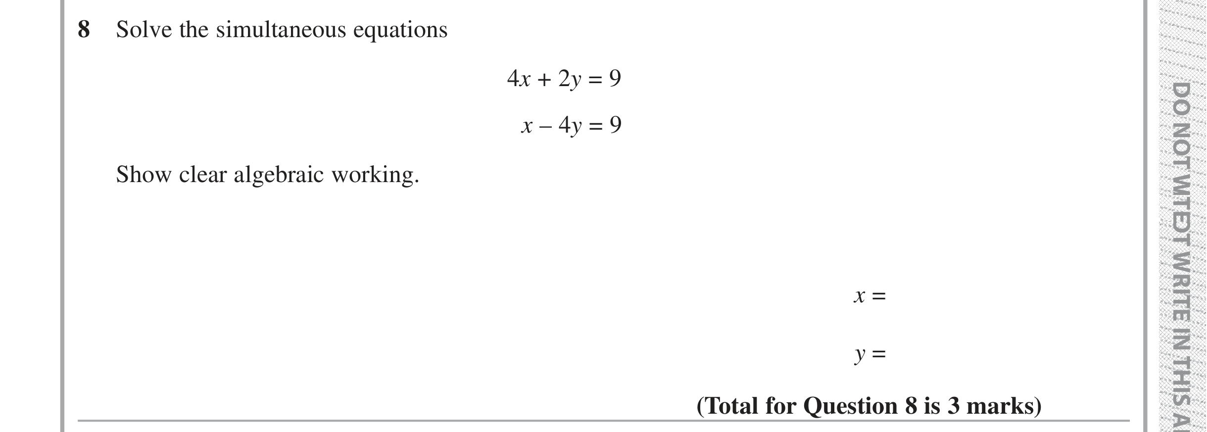 Question 8 — Simultaneous Equations — Edexcel iGCSE Jan 2019